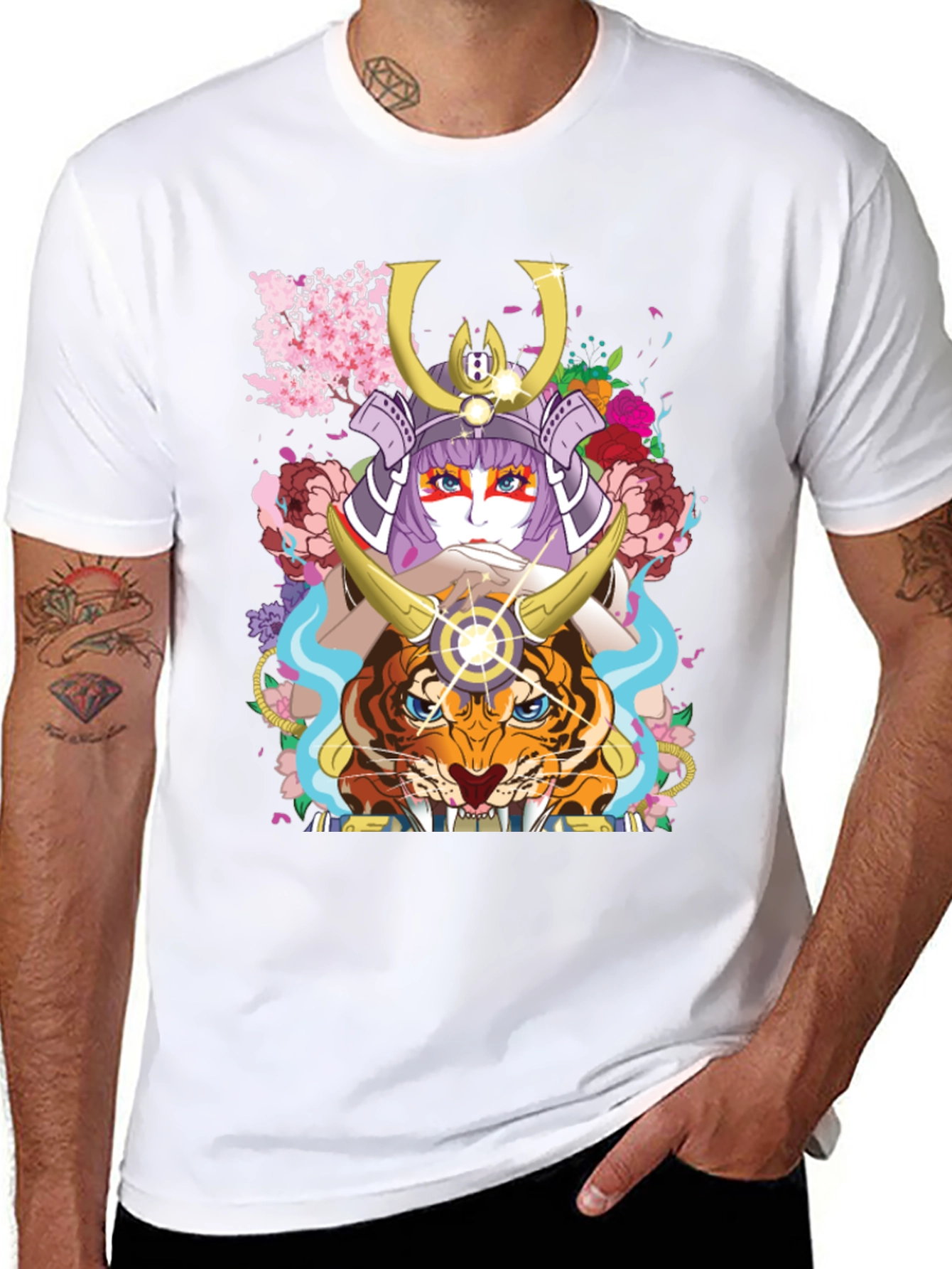 Camiseta Negra con Diseño de Samurai y Tigre