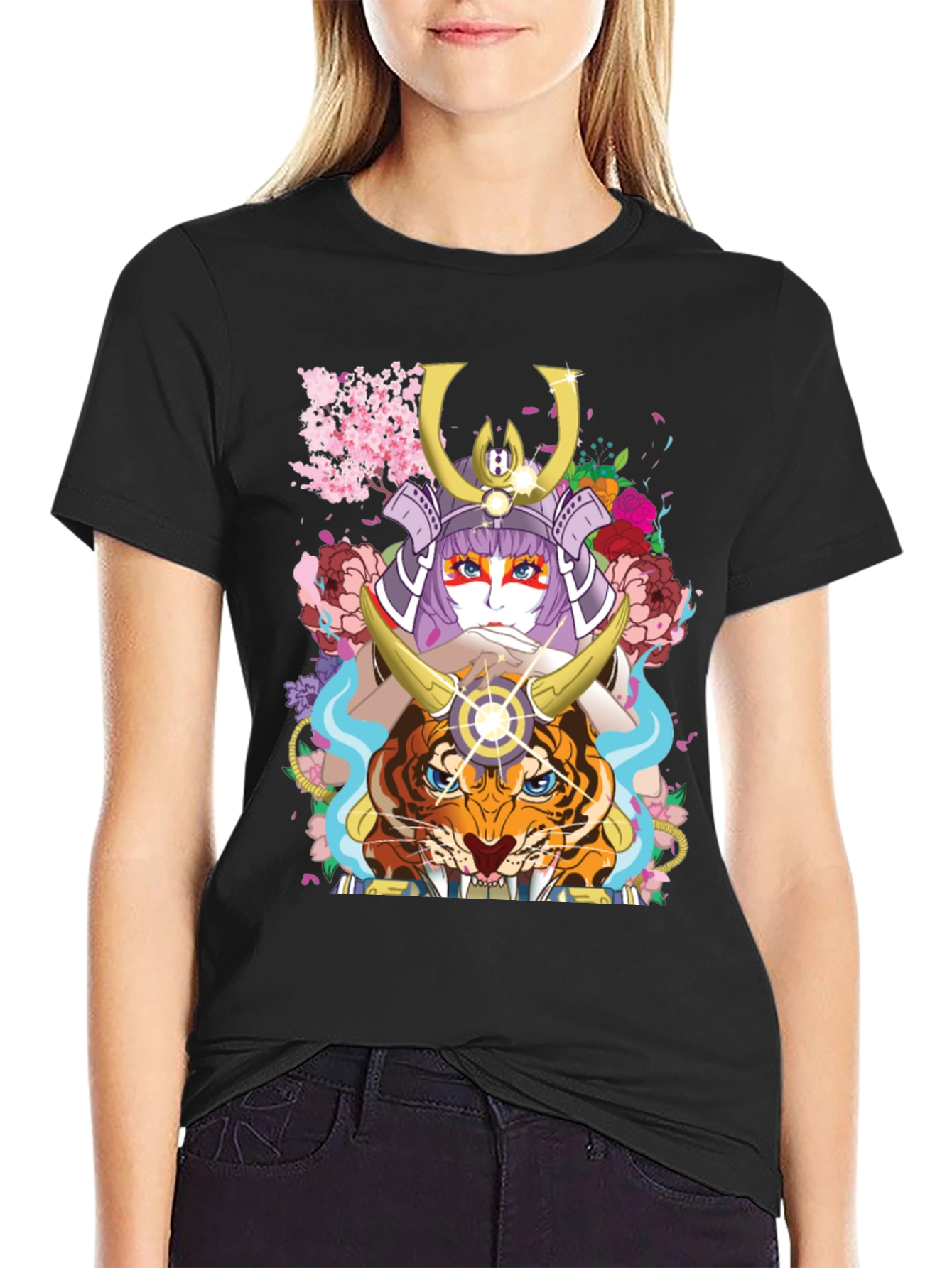 Camiseta Negra con Diseño de Samurai y Tigre