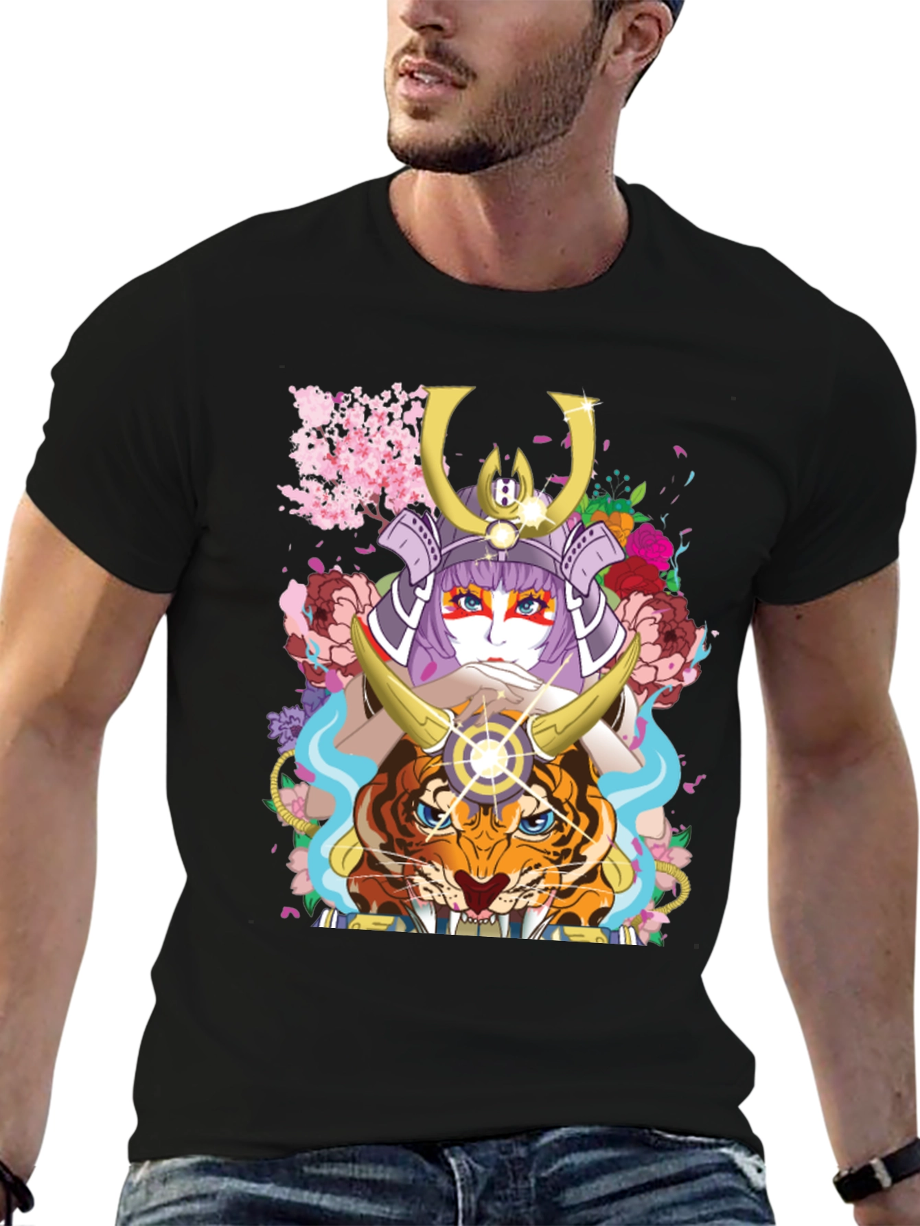 Camiseta Negra con Diseño de Samurai y Tigre