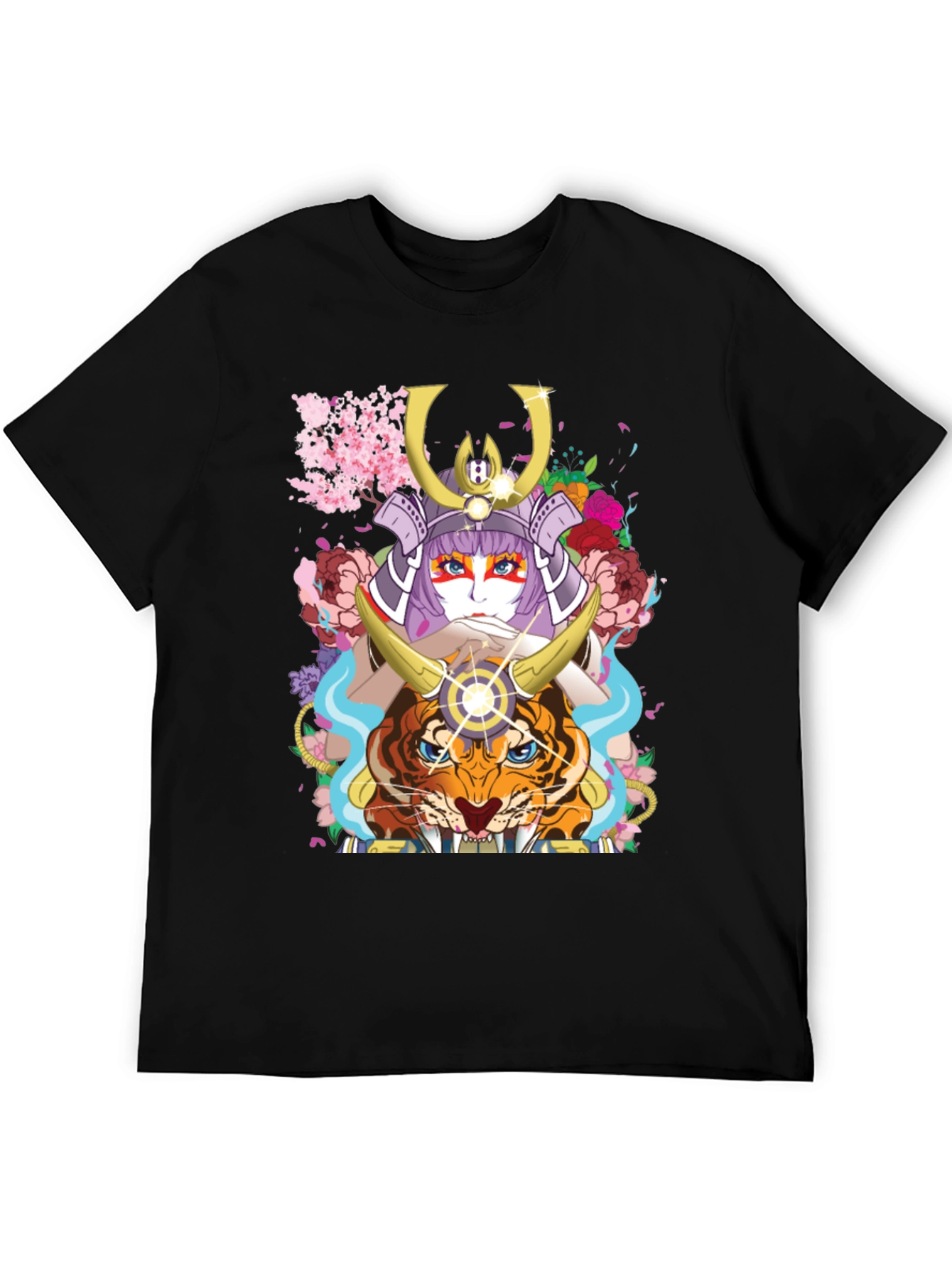 Camiseta Negra con Diseño de Samurai y Tigre