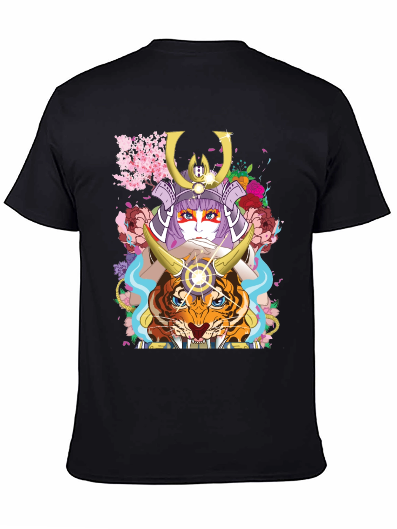 Camiseta Negra con Diseño de Samurai y Tigre