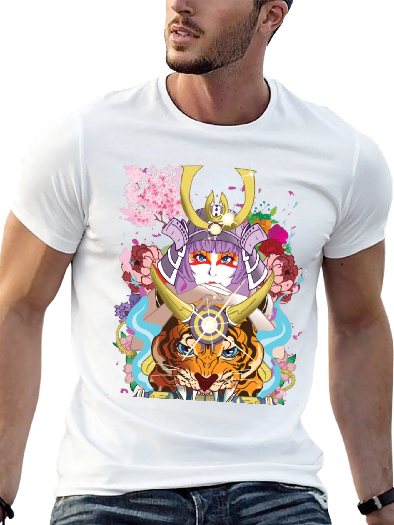 Camiseta Negra con Diseño de Samurai y Tigre