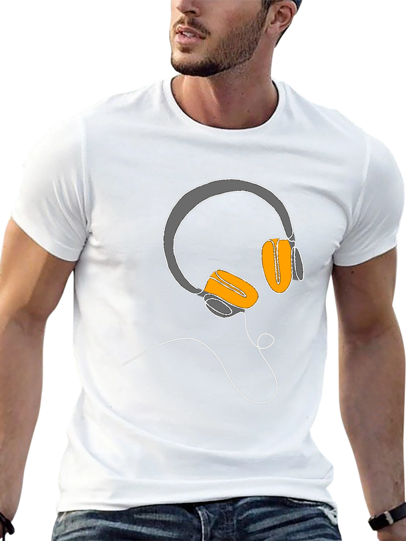Camiseta Negra con Diseño de Auriculares Lineales