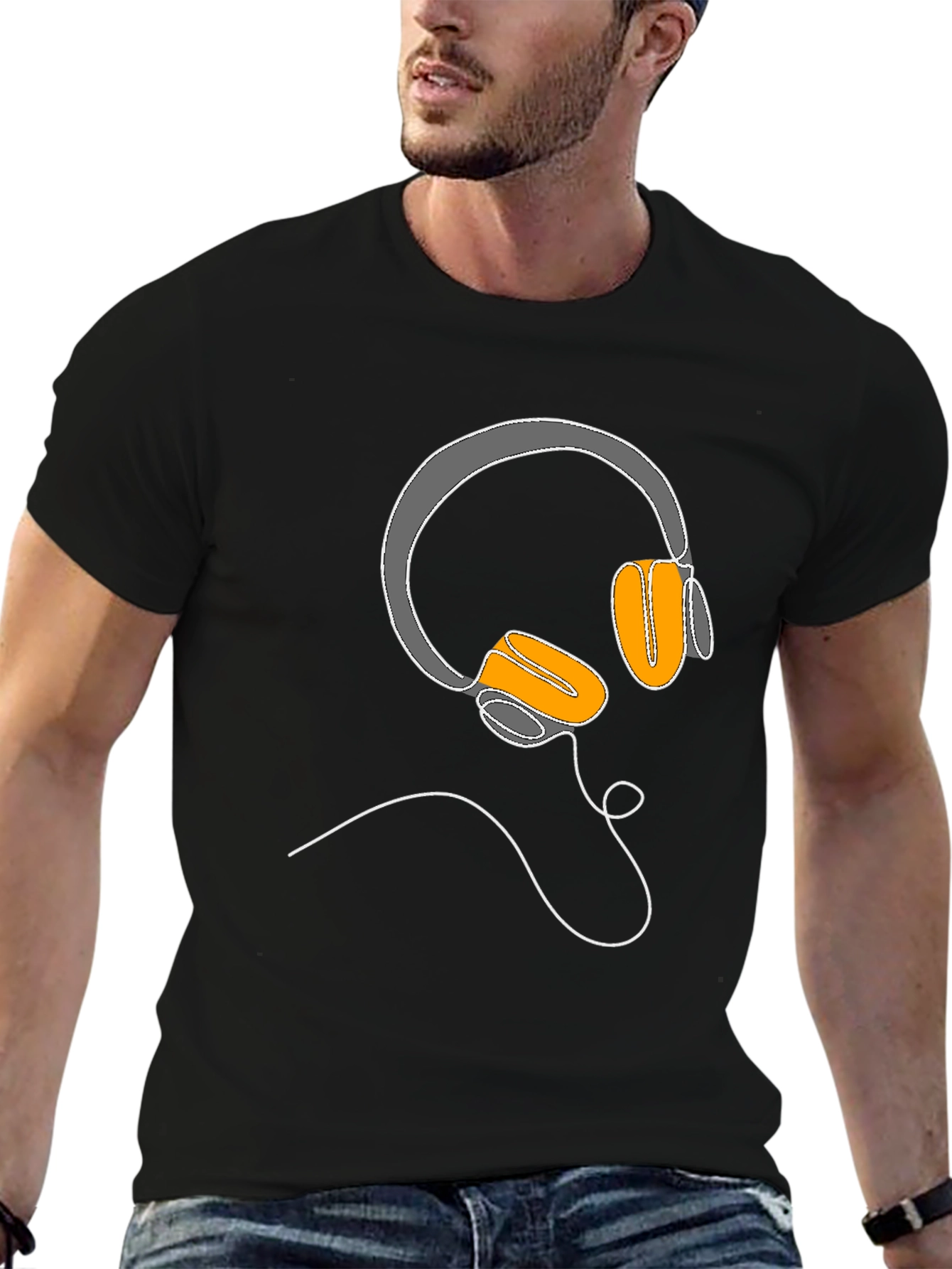 Camiseta Negra con Diseño de Auriculares Lineales