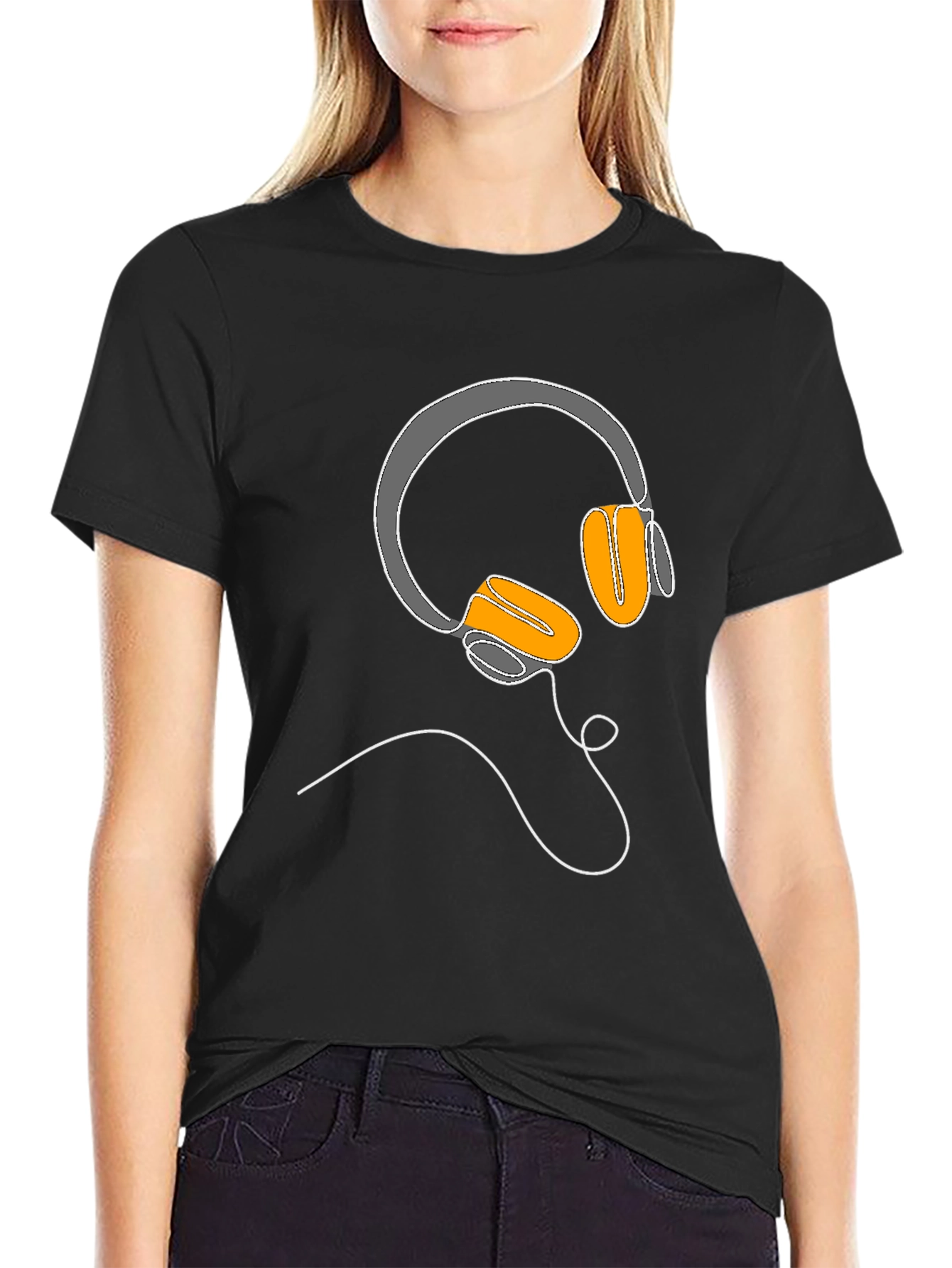 Camiseta Negra con Diseño de Auriculares Lineales