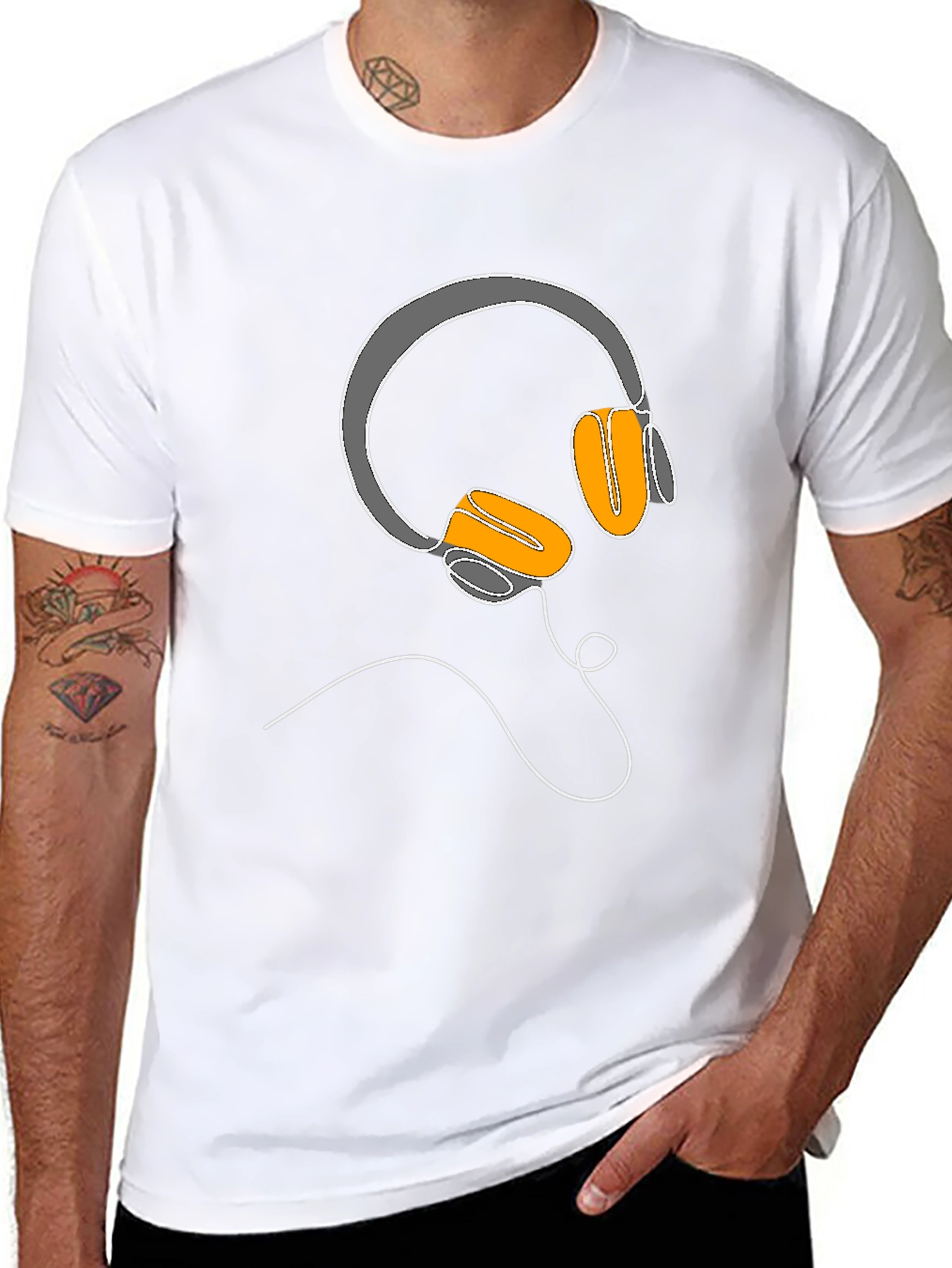 Camiseta Negra con Diseño de Auriculares Lineales