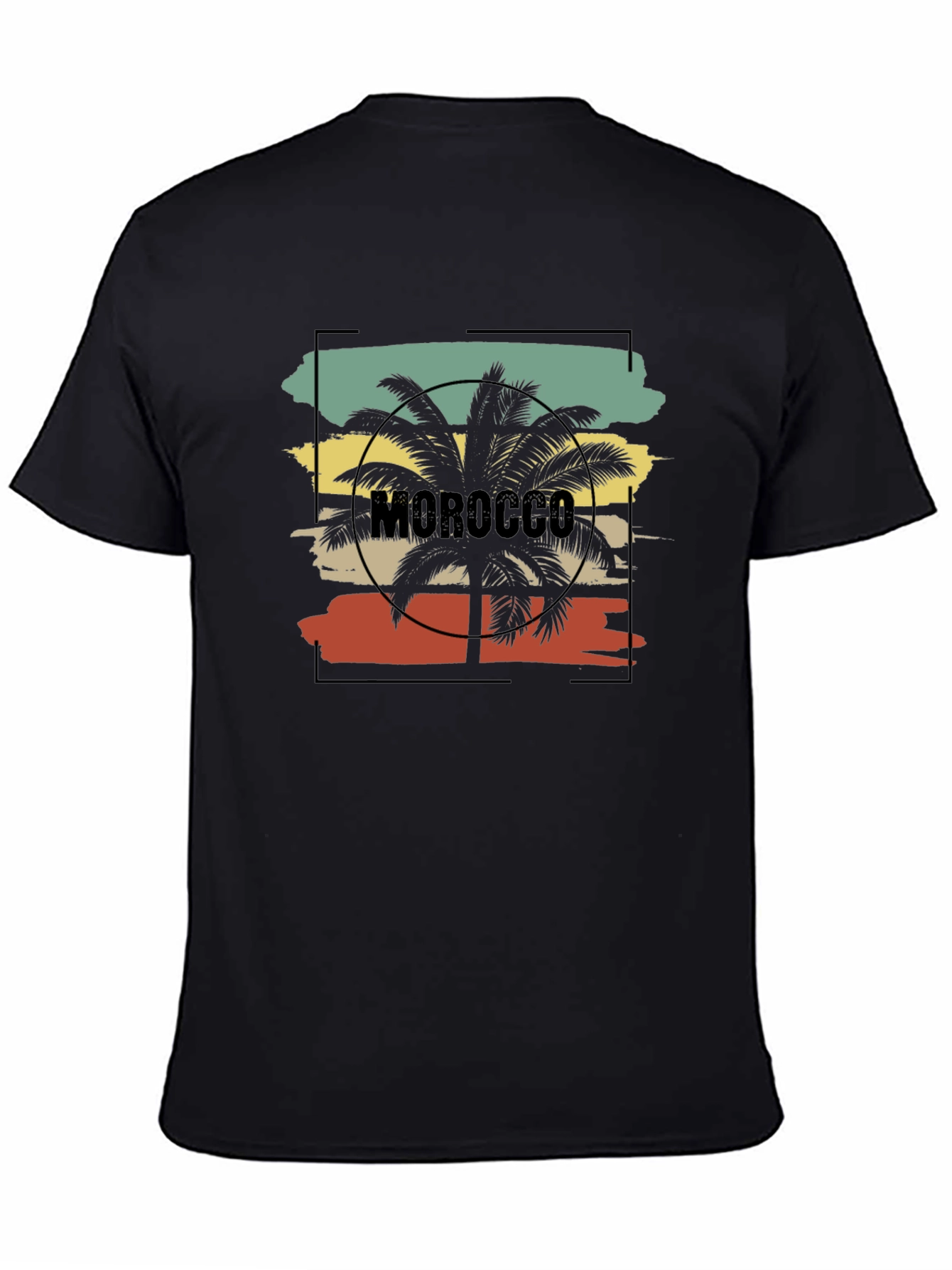 Camiseta Negra con Diseño de Marruecos y Palmera