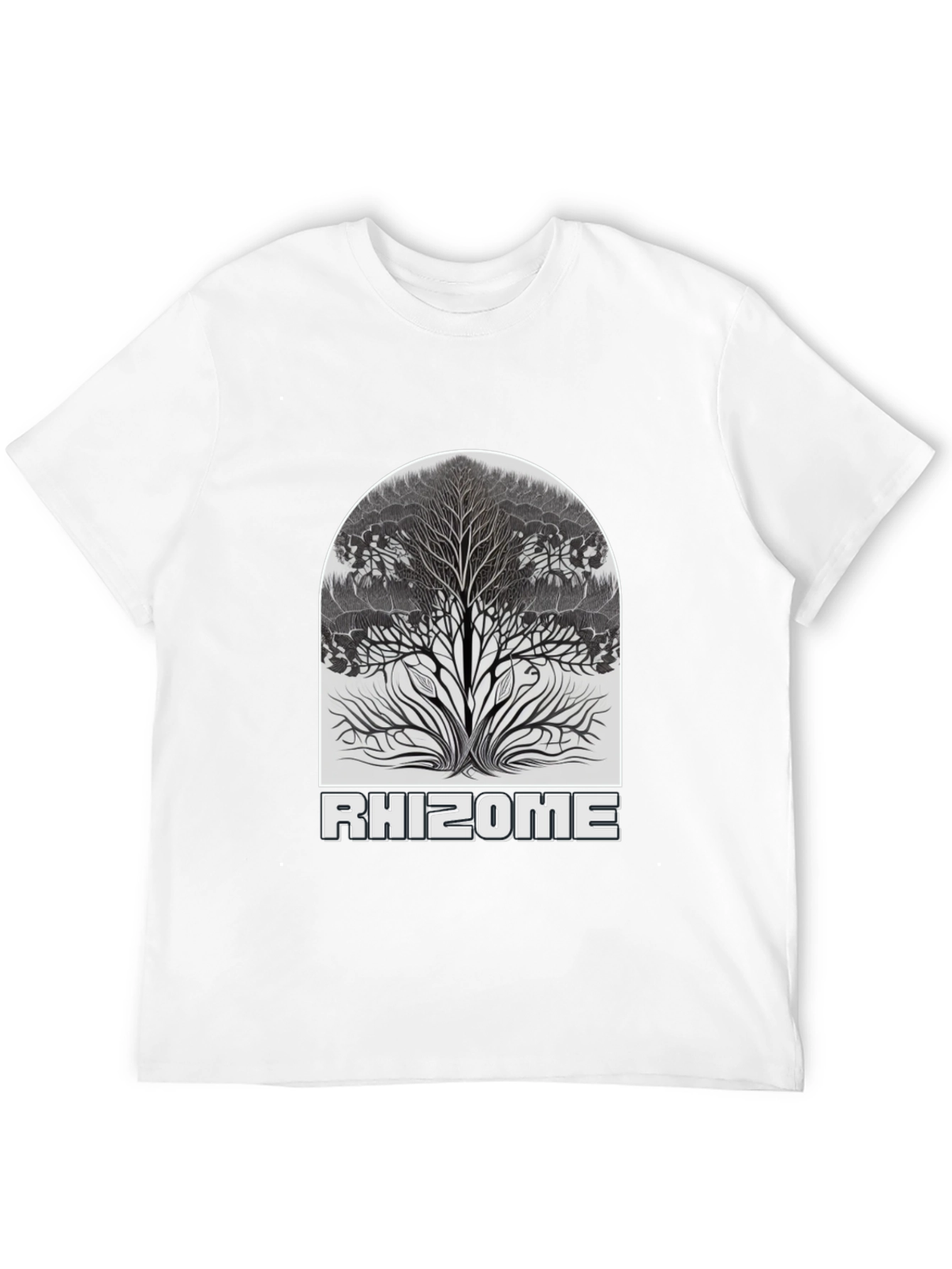 Camiseta Negra Rhizome con Diseño de Árbol
