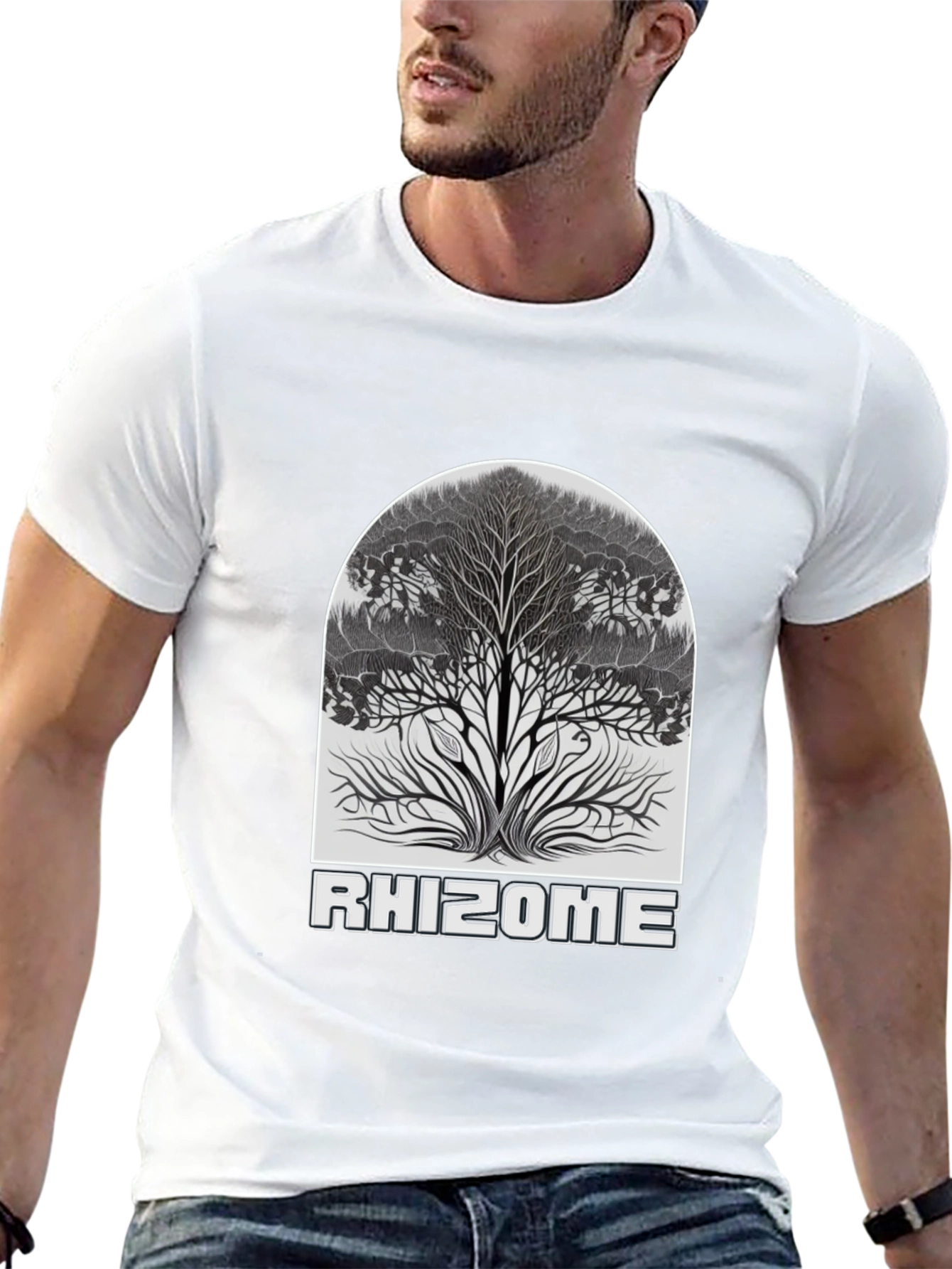 Camiseta Negra Rhizome con Diseño de Árbol
