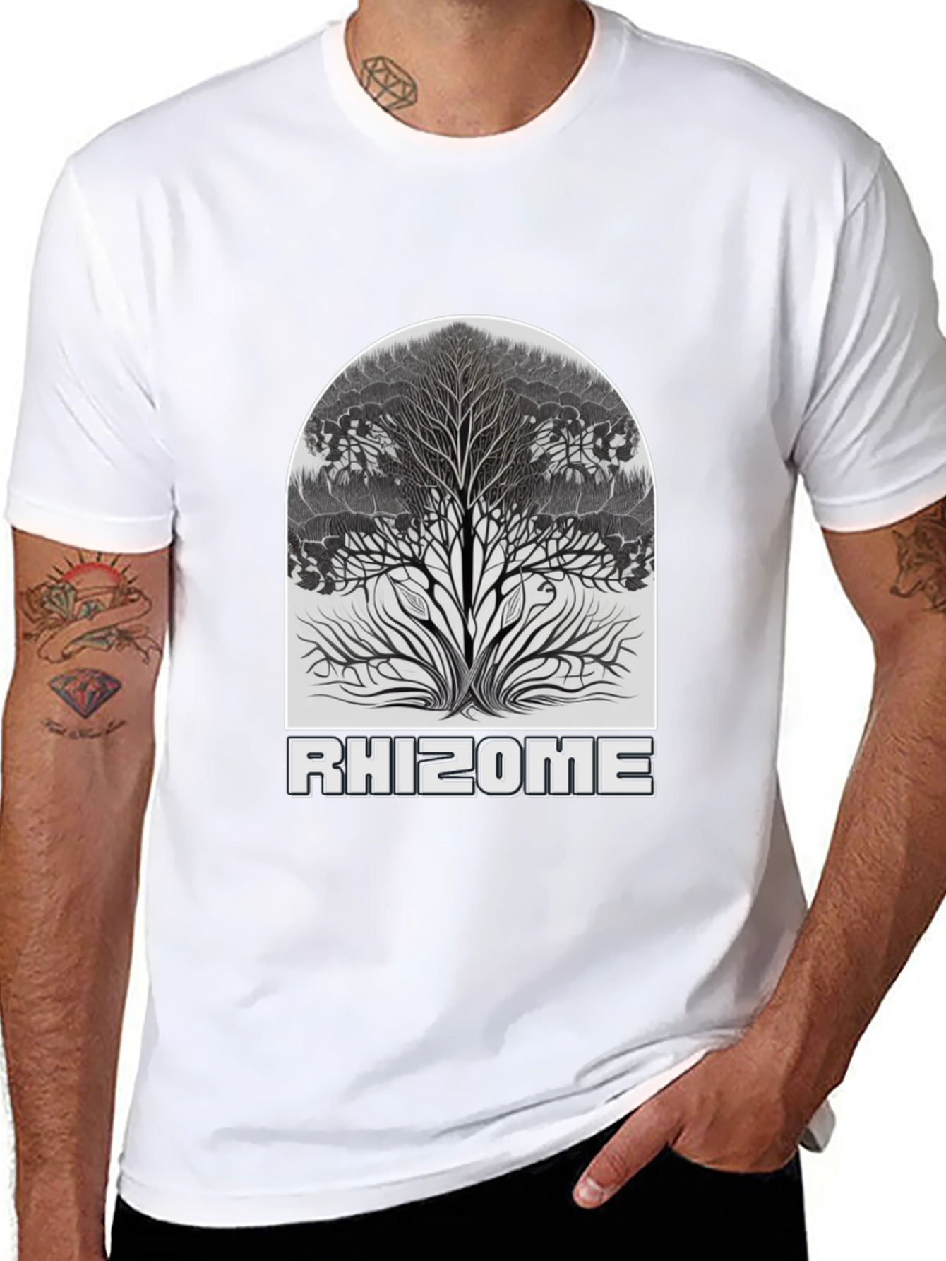 Camiseta Negra Rhizome con Diseño de Árbol
