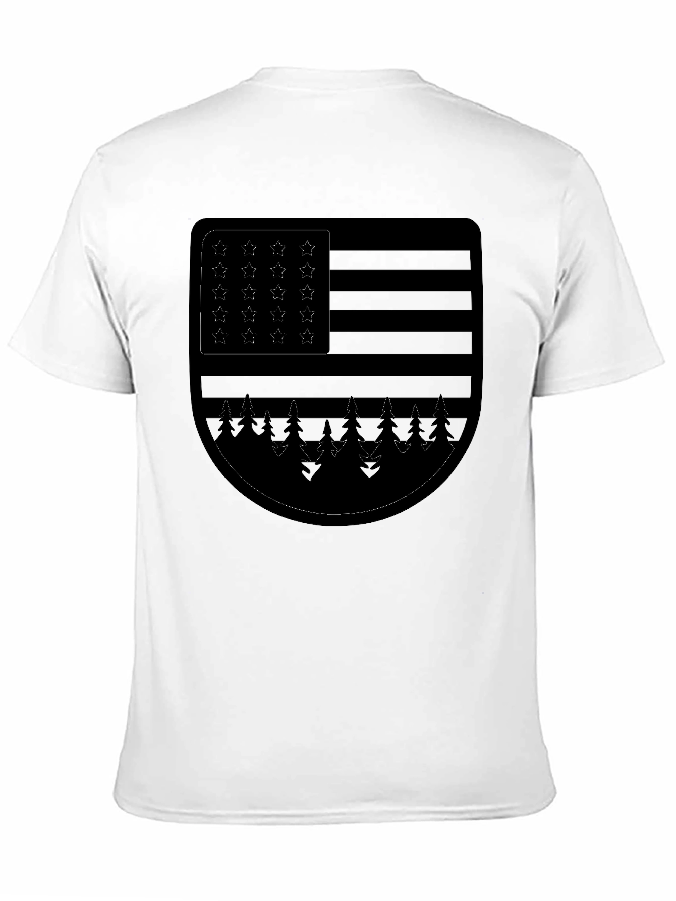 Camiseta Negra con Diseño de Bandera Americana y Bosque