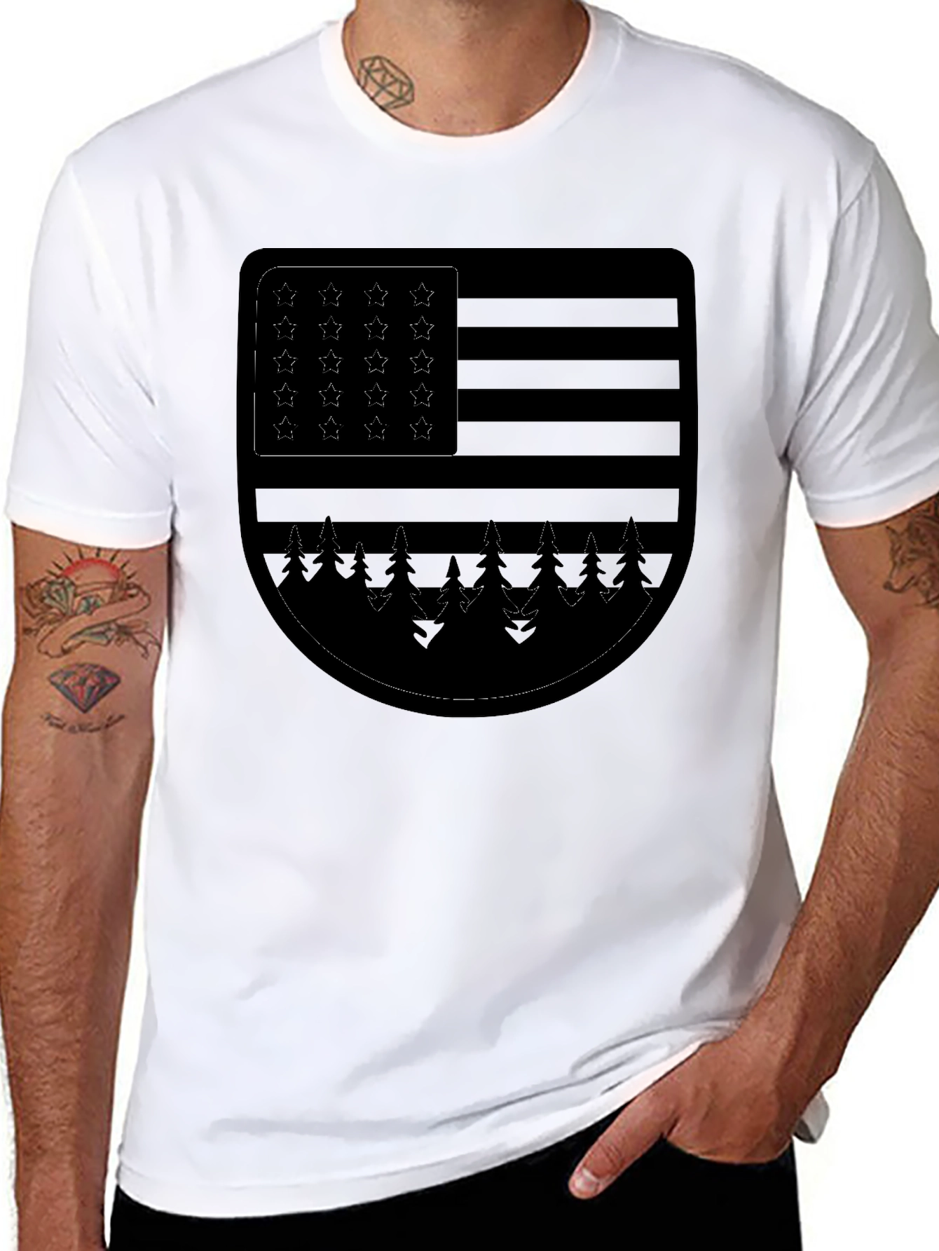 Camiseta Negra con Diseño de Bandera Americana y Bosque