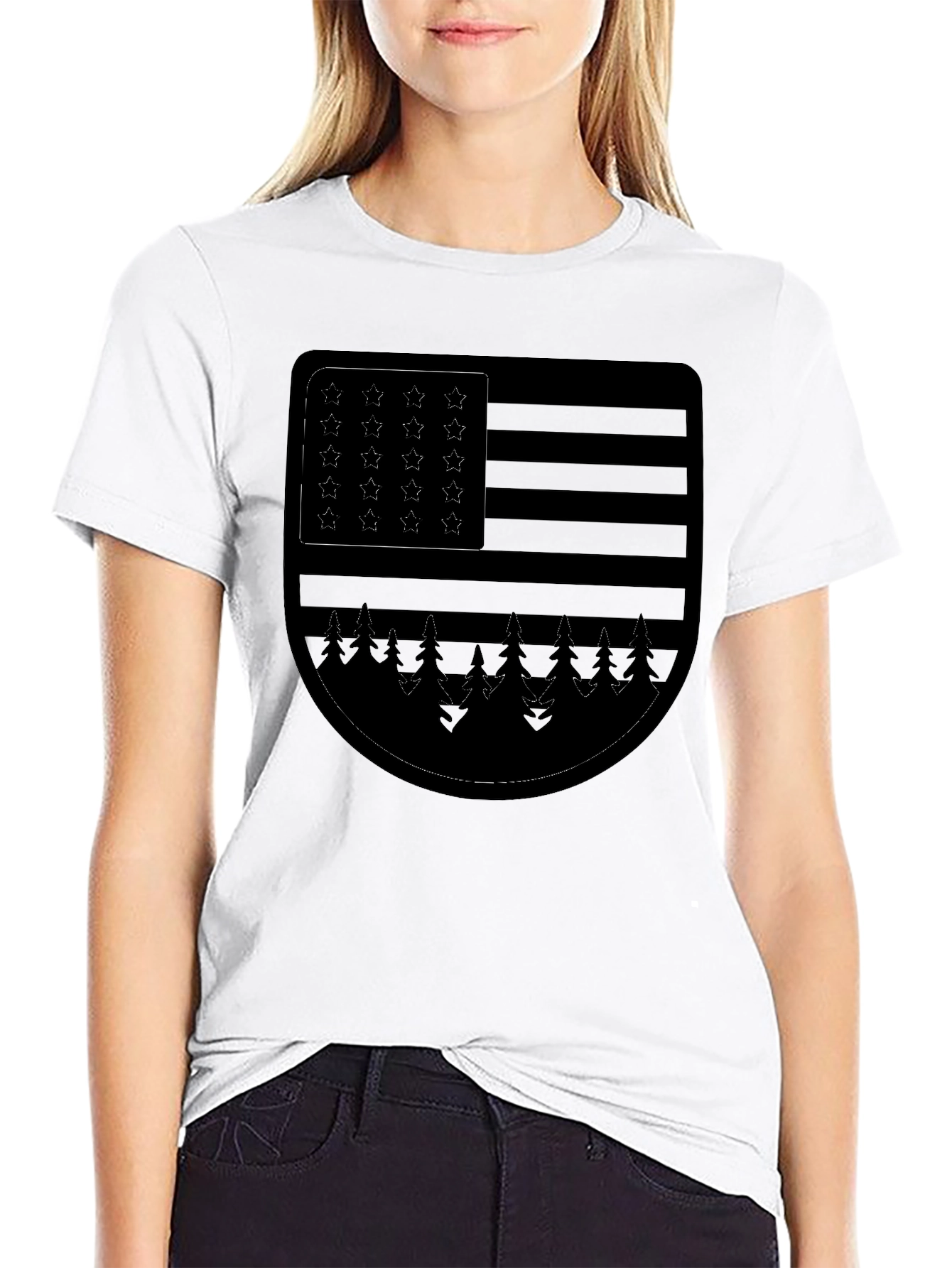 Camiseta Negra con Diseño de Bandera Americana y Bosque