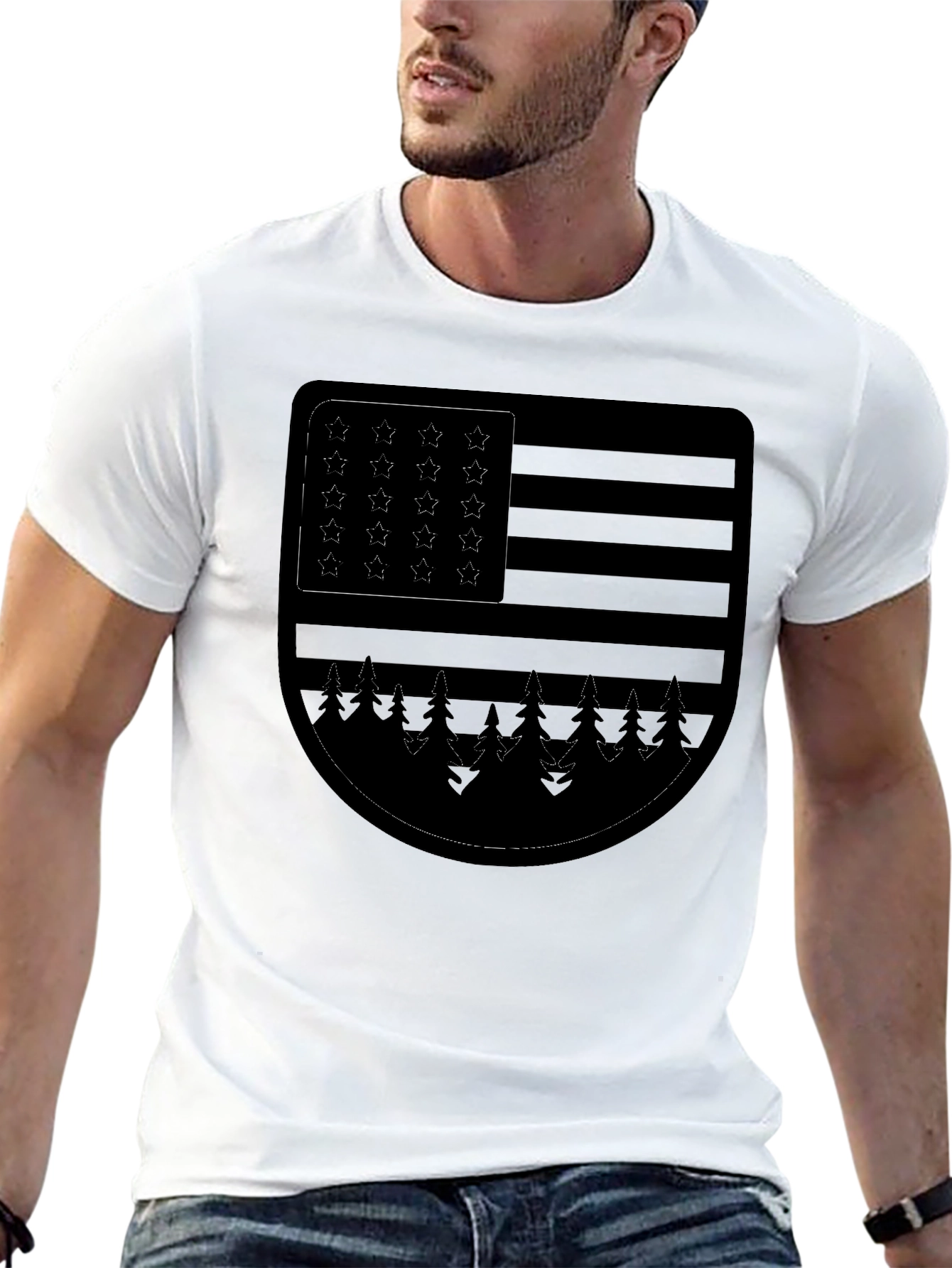 Camiseta Negra con Diseño de Bandera Americana y Bosque