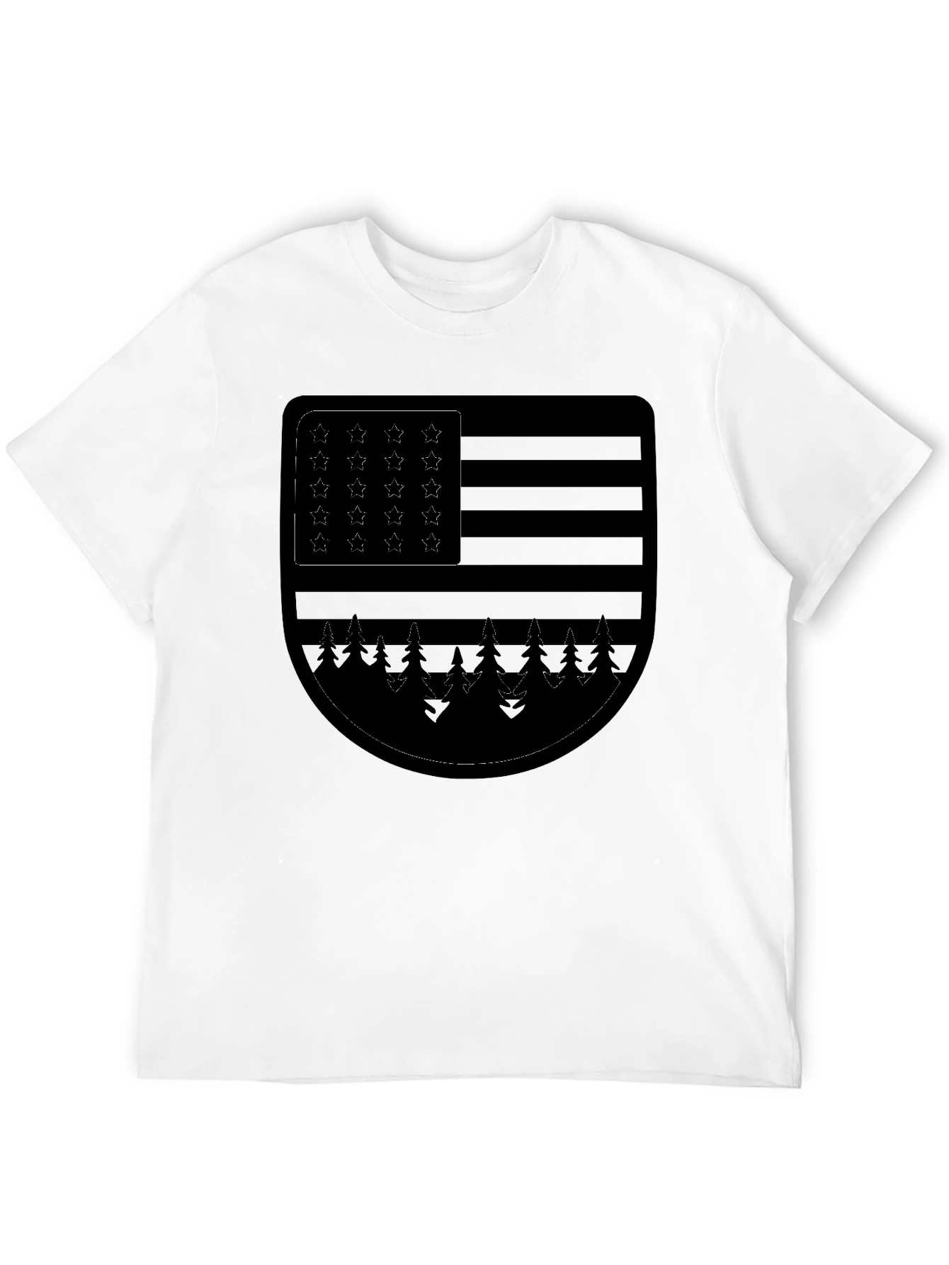 Camiseta Negra con Diseño de Bandera Americana y Bosque
