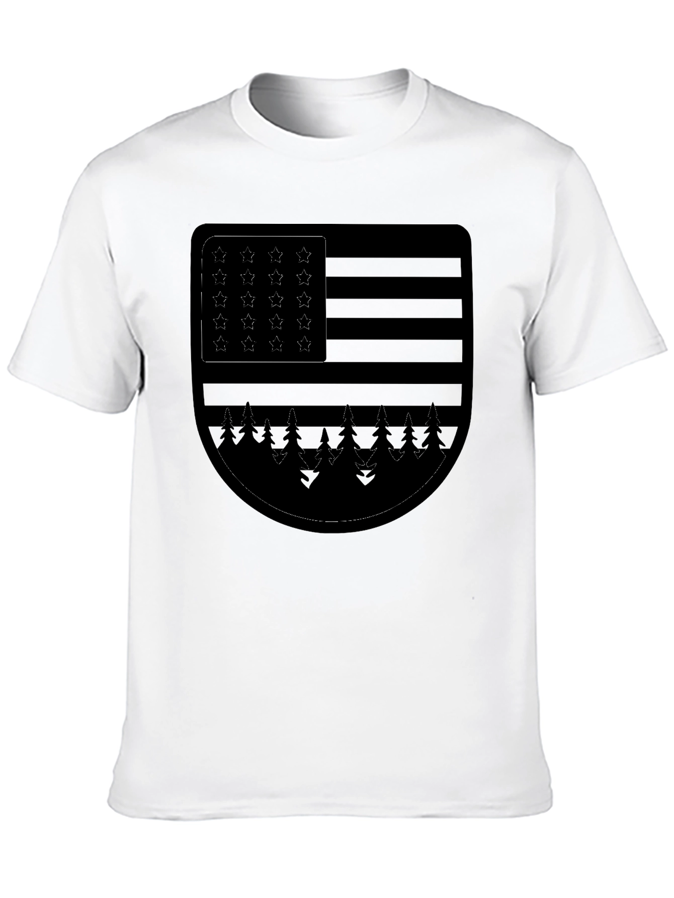 Camiseta Negra con Diseño de Bandera Americana y Bosque