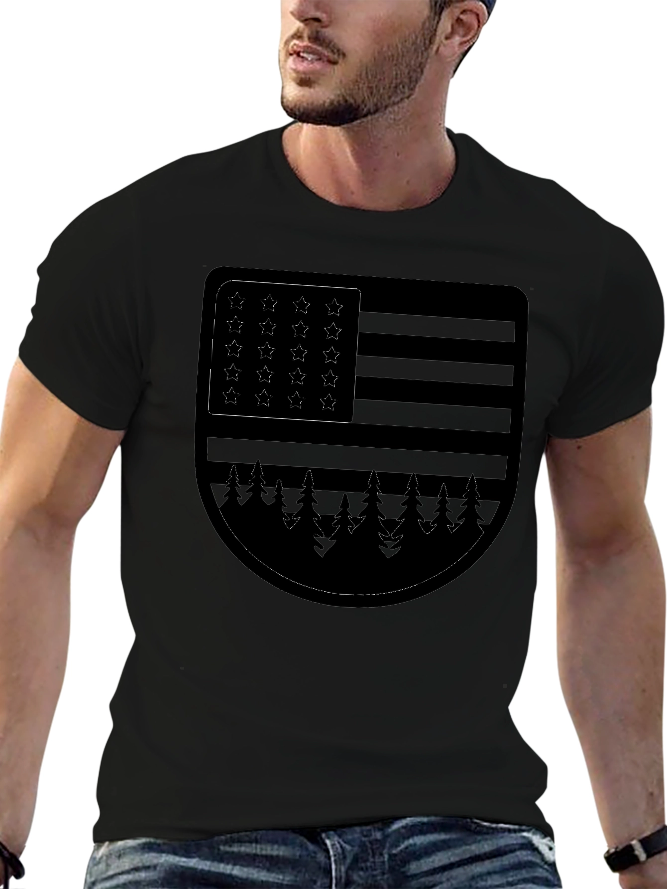 Camiseta Negra con Diseño de Bandera Americana y Bosque
