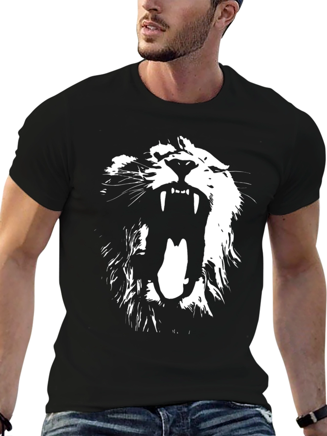 Camiseta Negra con Diseño de León Blanco