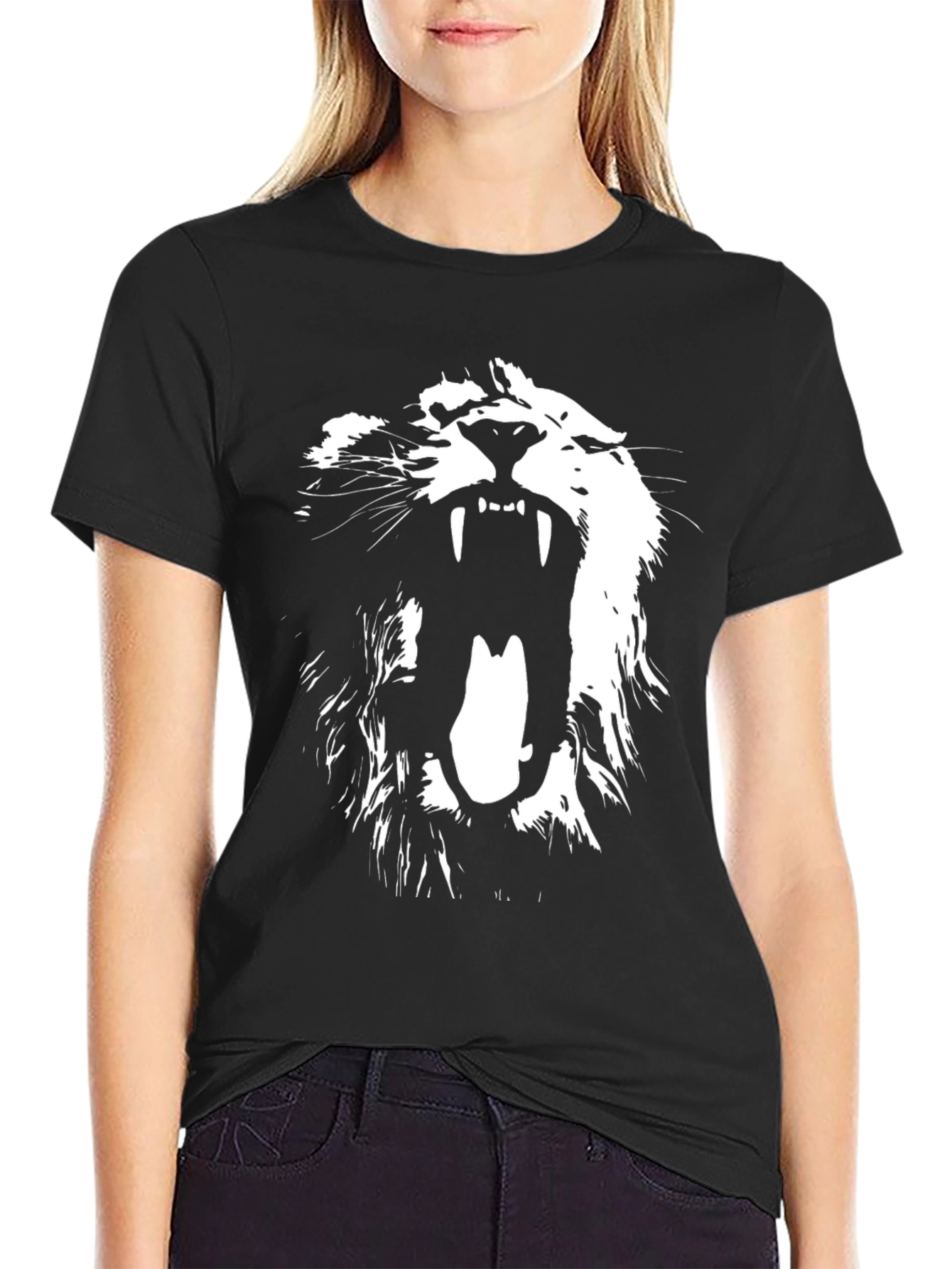 Camiseta Negra con Diseño de León Blanco