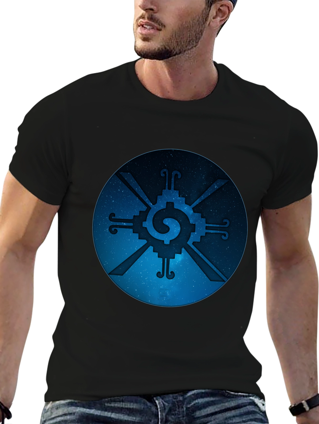 Camiseta Negra con Diseño Circular Azteca