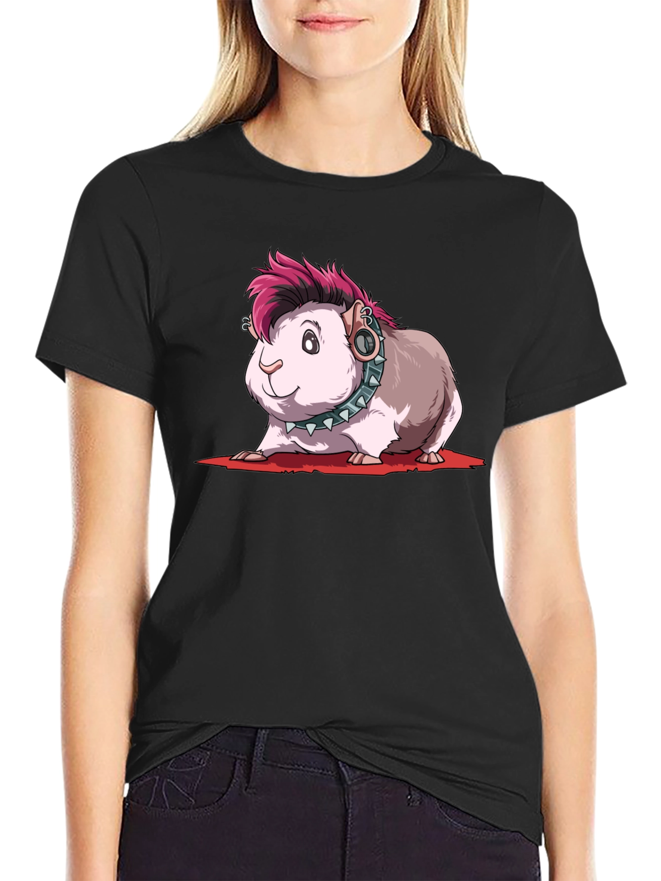 Camiseta Negra con Diseño de Cobaya Punk