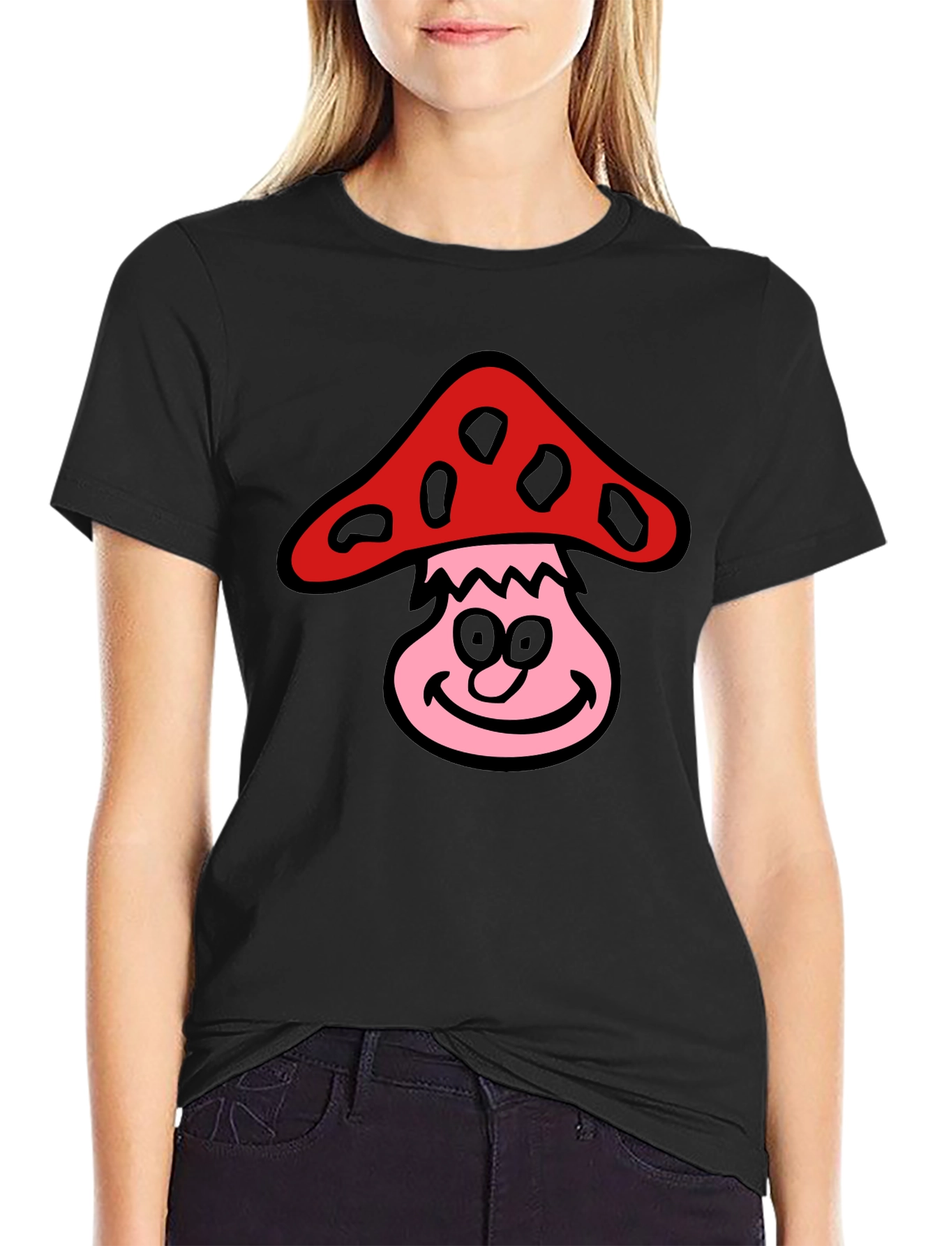 Camiseta Negra con Diseño de Hongo Sonriente
