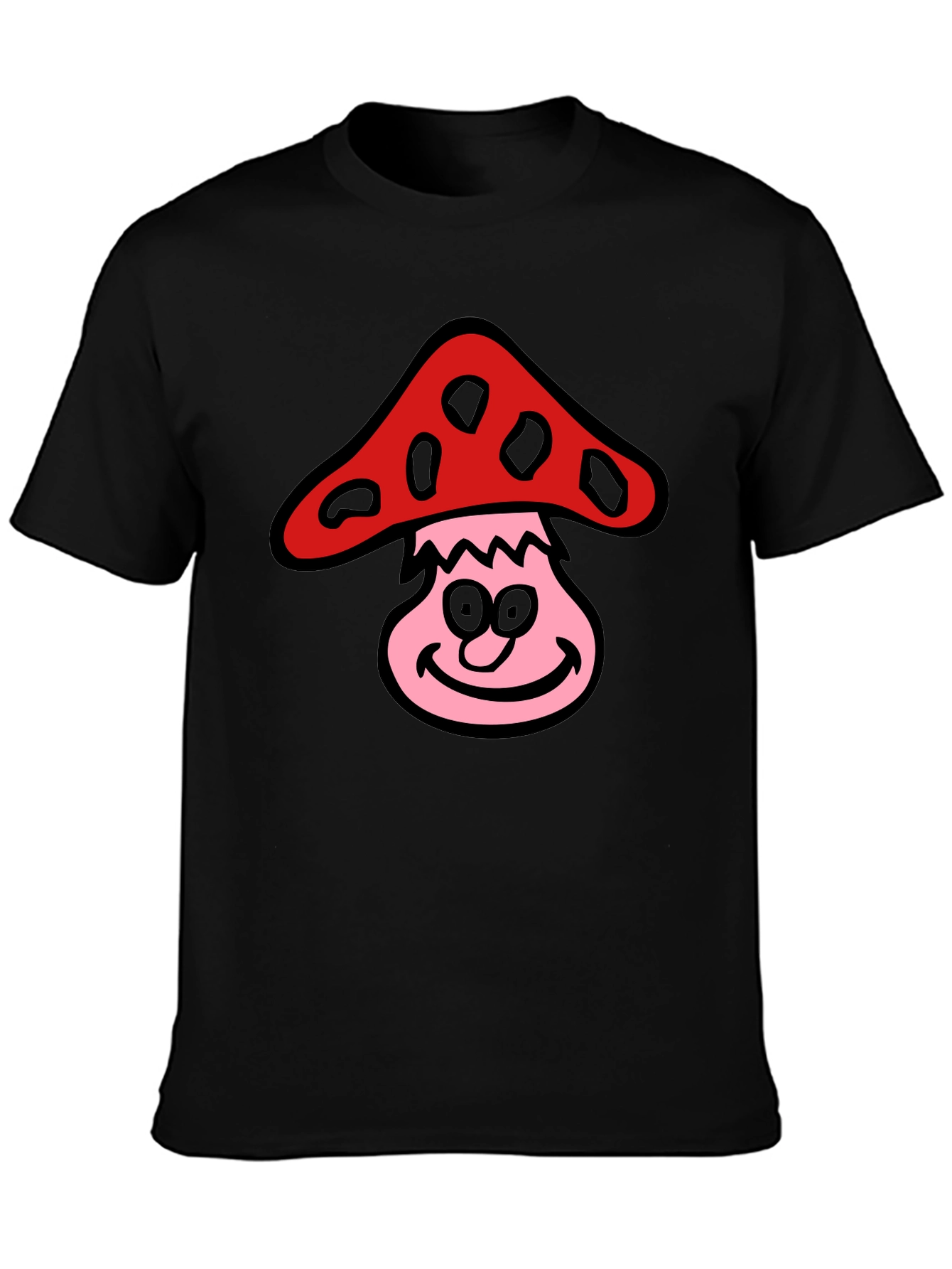 Camiseta Negra con Diseño de Hongo Sonriente