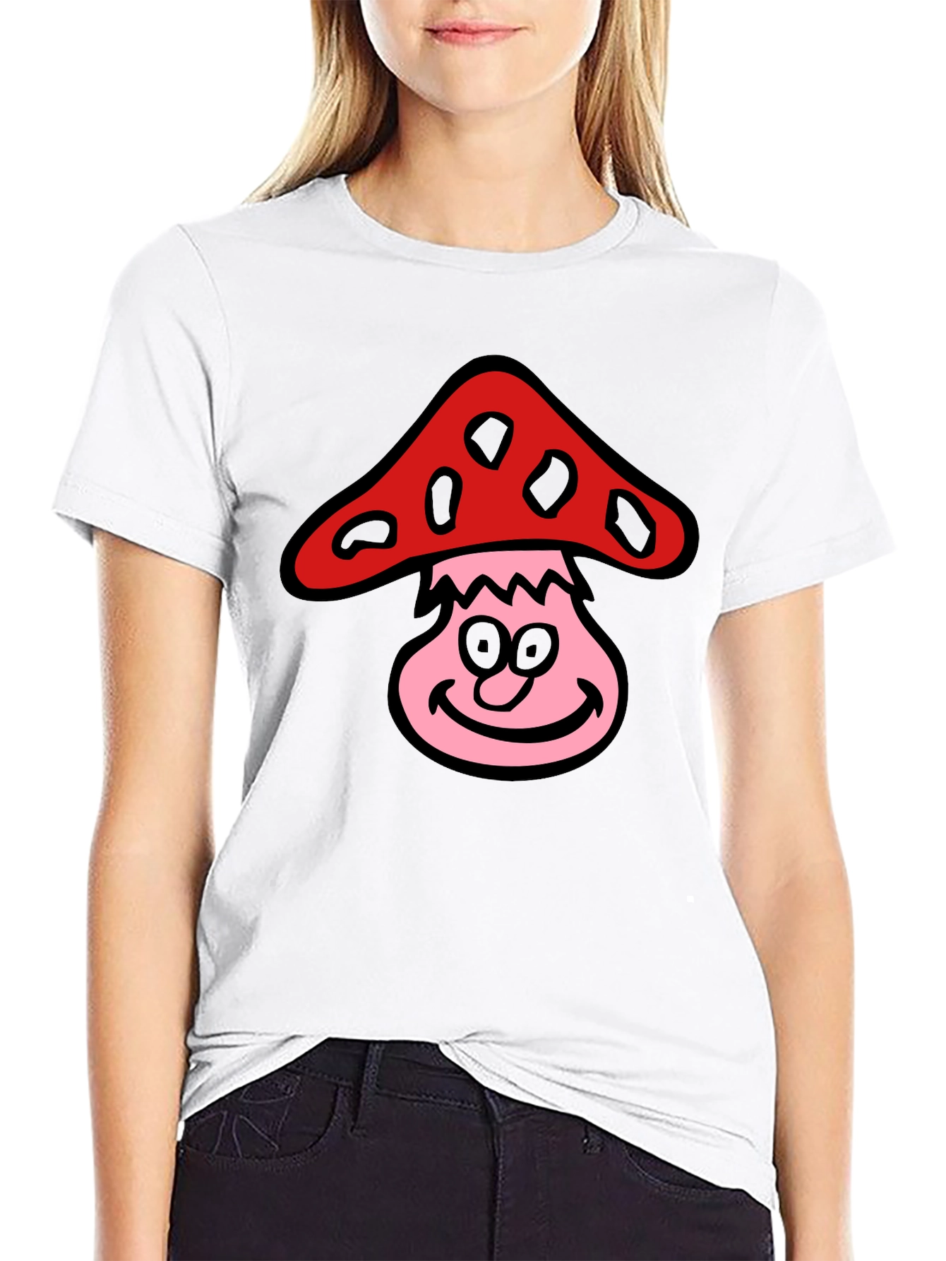 Camiseta Negra con Diseño de Hongo Sonriente