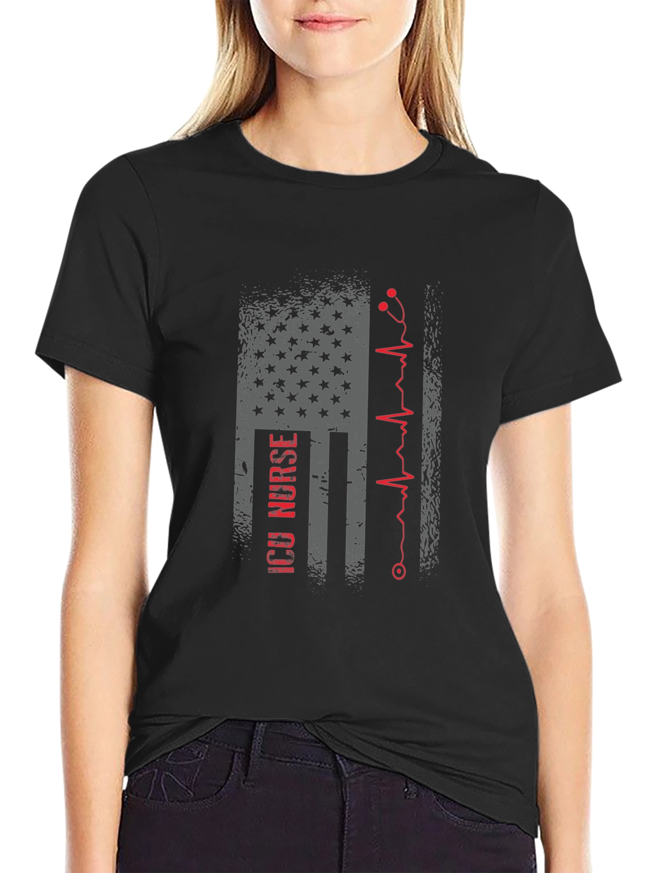 Camiseta Negra ICU Nurse Bandera Americana