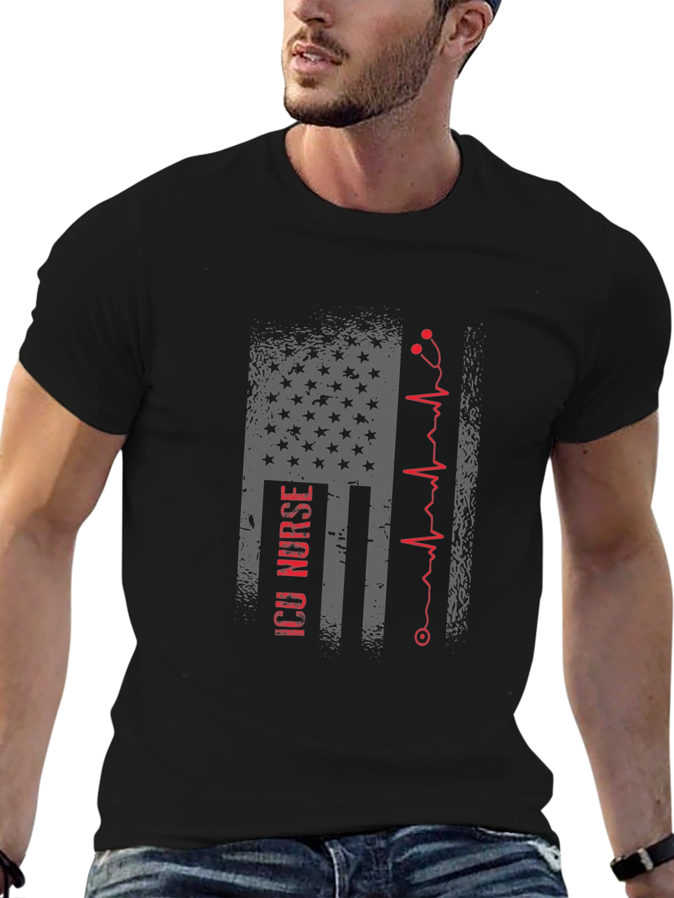 Camiseta Negra ICU Nurse Bandera Americana