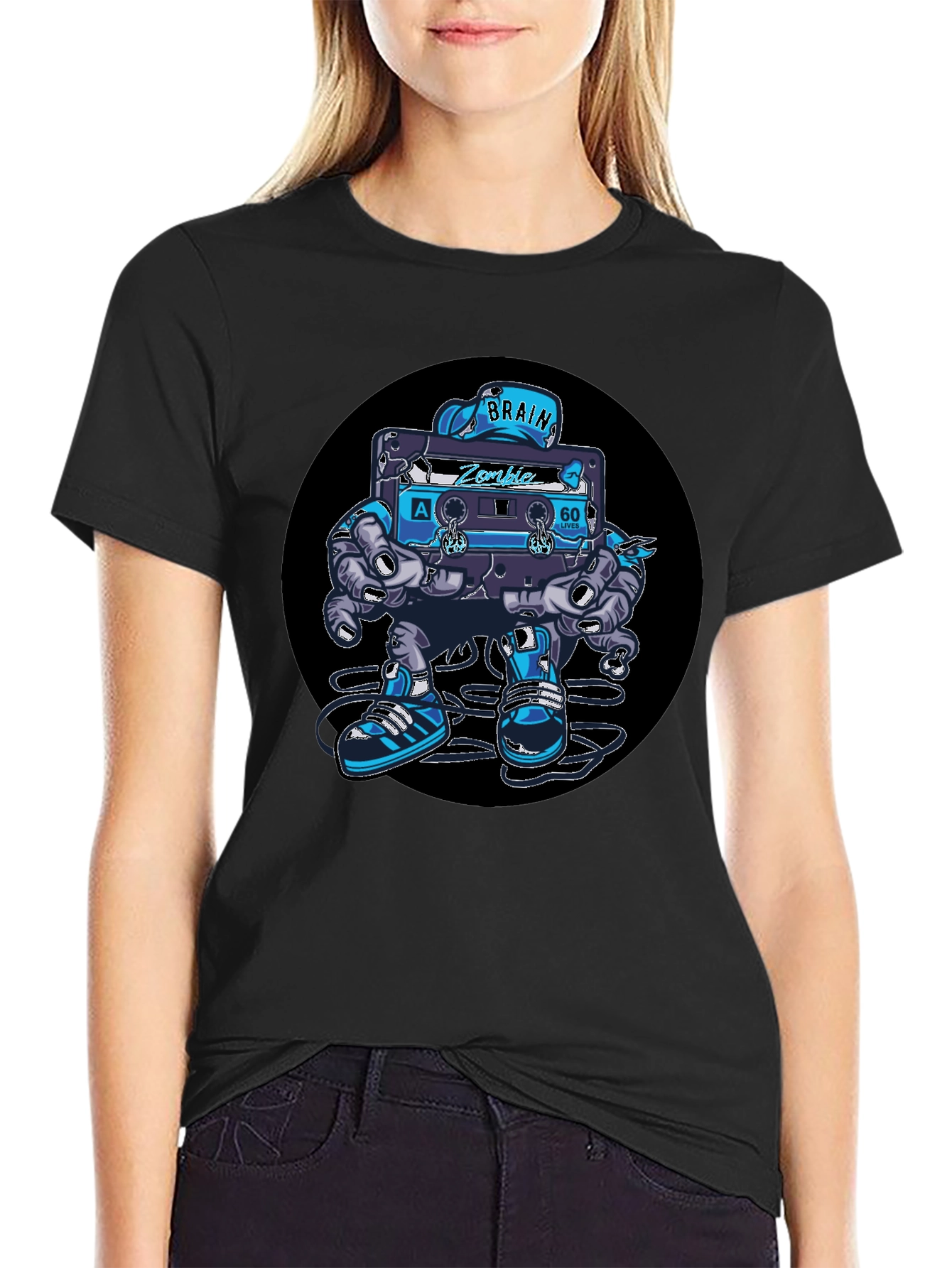 Camiseta Negra con Diseño de Casete Zombie Cerebro