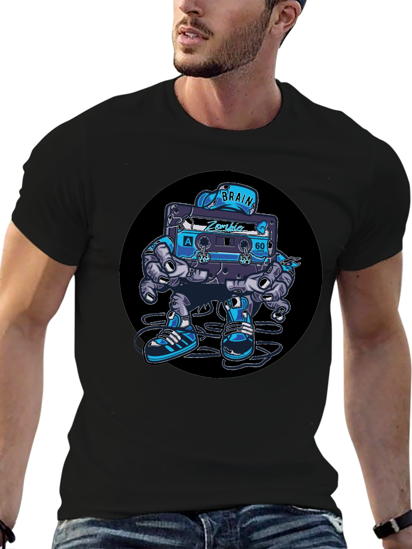 Camiseta Negra con Diseño de Casete Zombie Cerebro