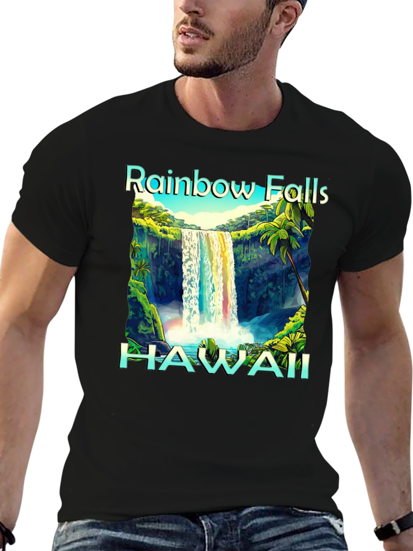 Camiseta Negra Hawaii Rainbow Falls