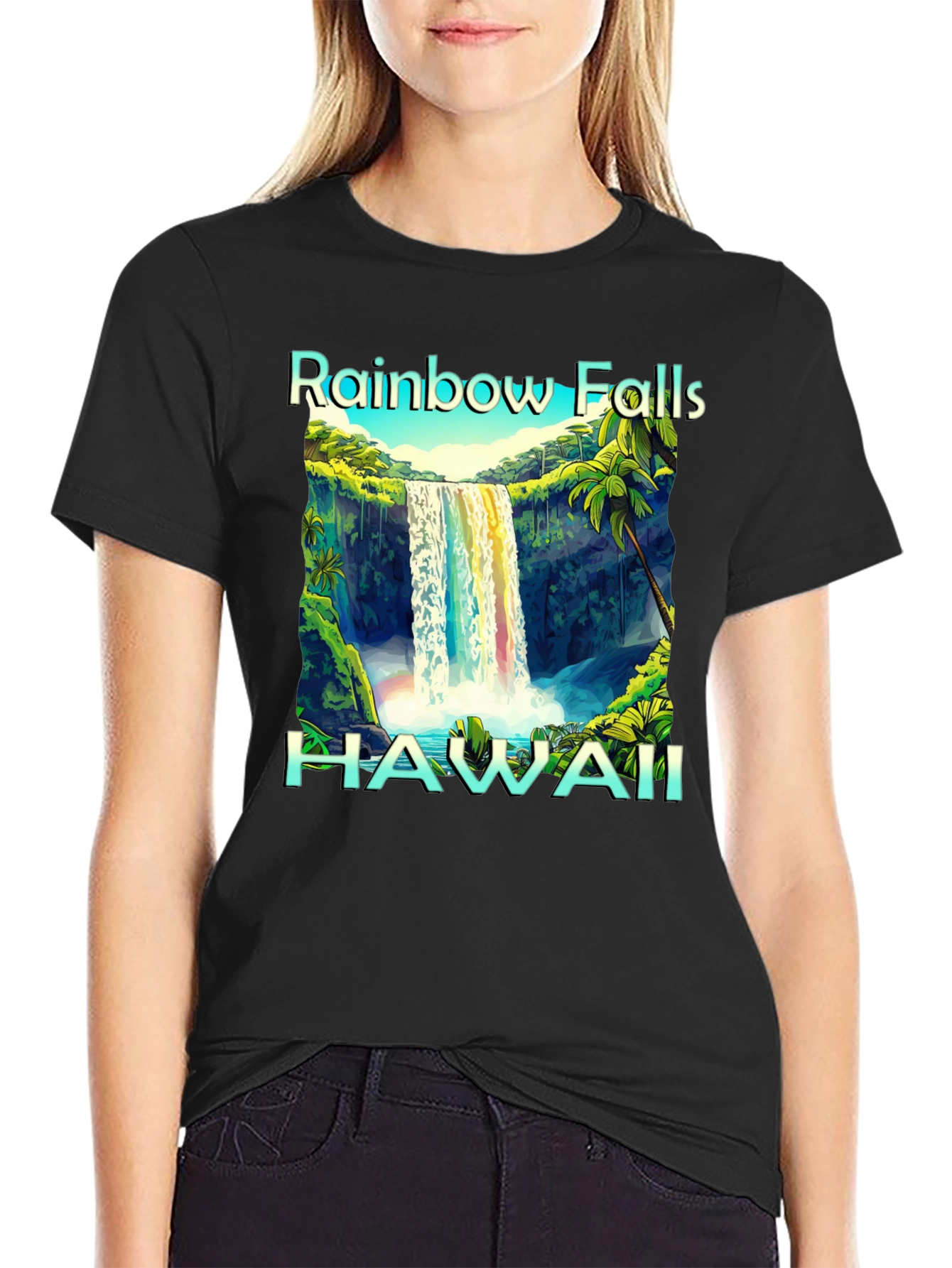 Camiseta Negra Hawaii Rainbow Falls