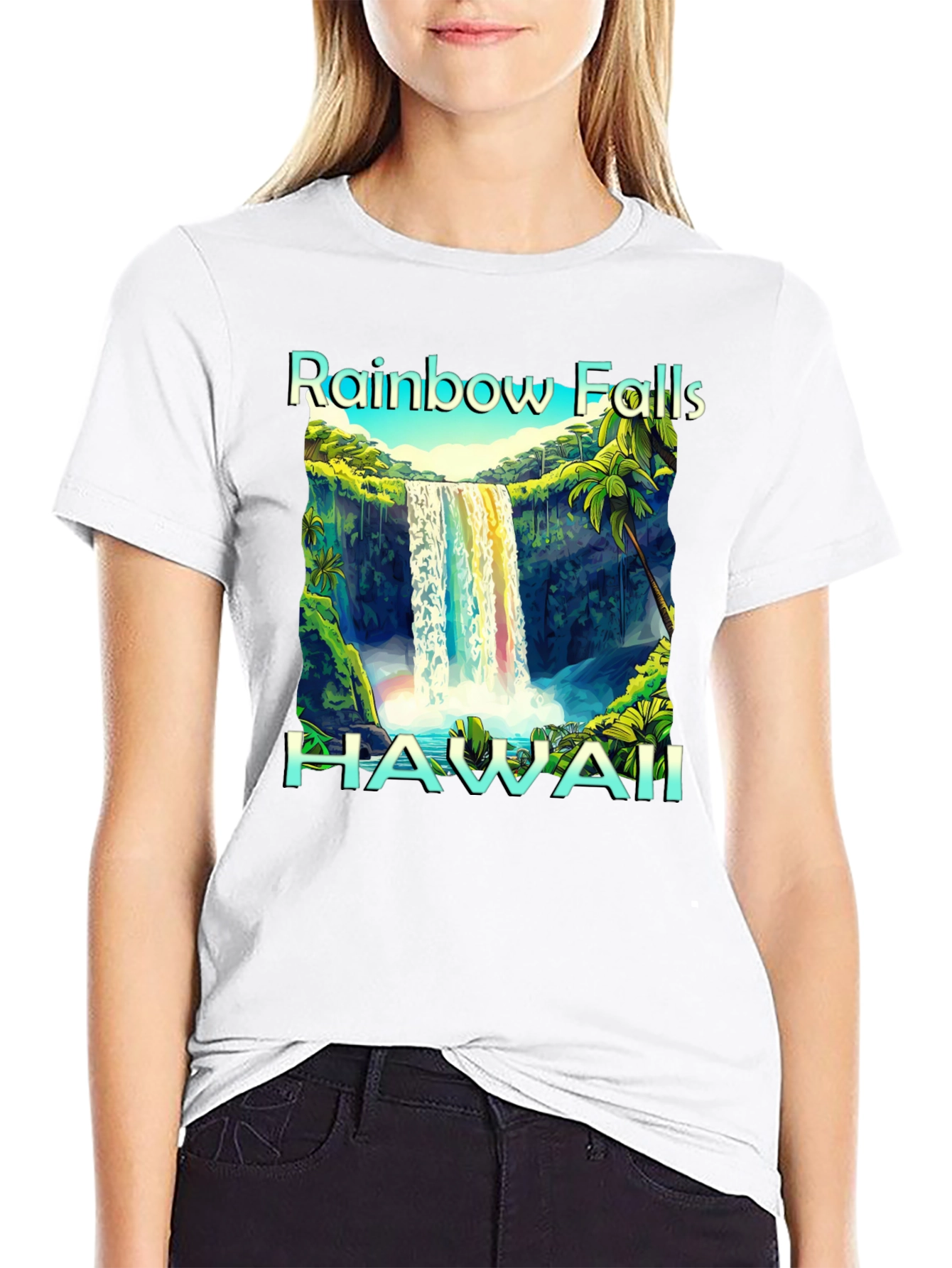 Camiseta Negra Hawaii Rainbow Falls