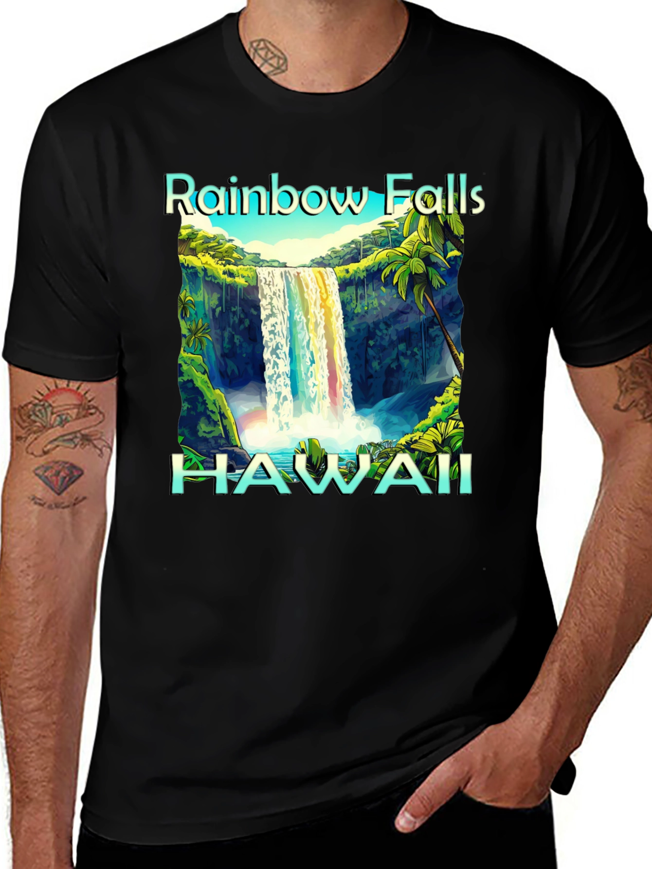 Camiseta Negra Hawaii Rainbow Falls
