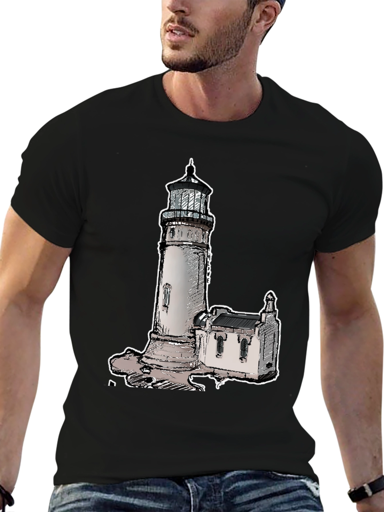 Camiseta Negra con Diseño de Faro Clásico