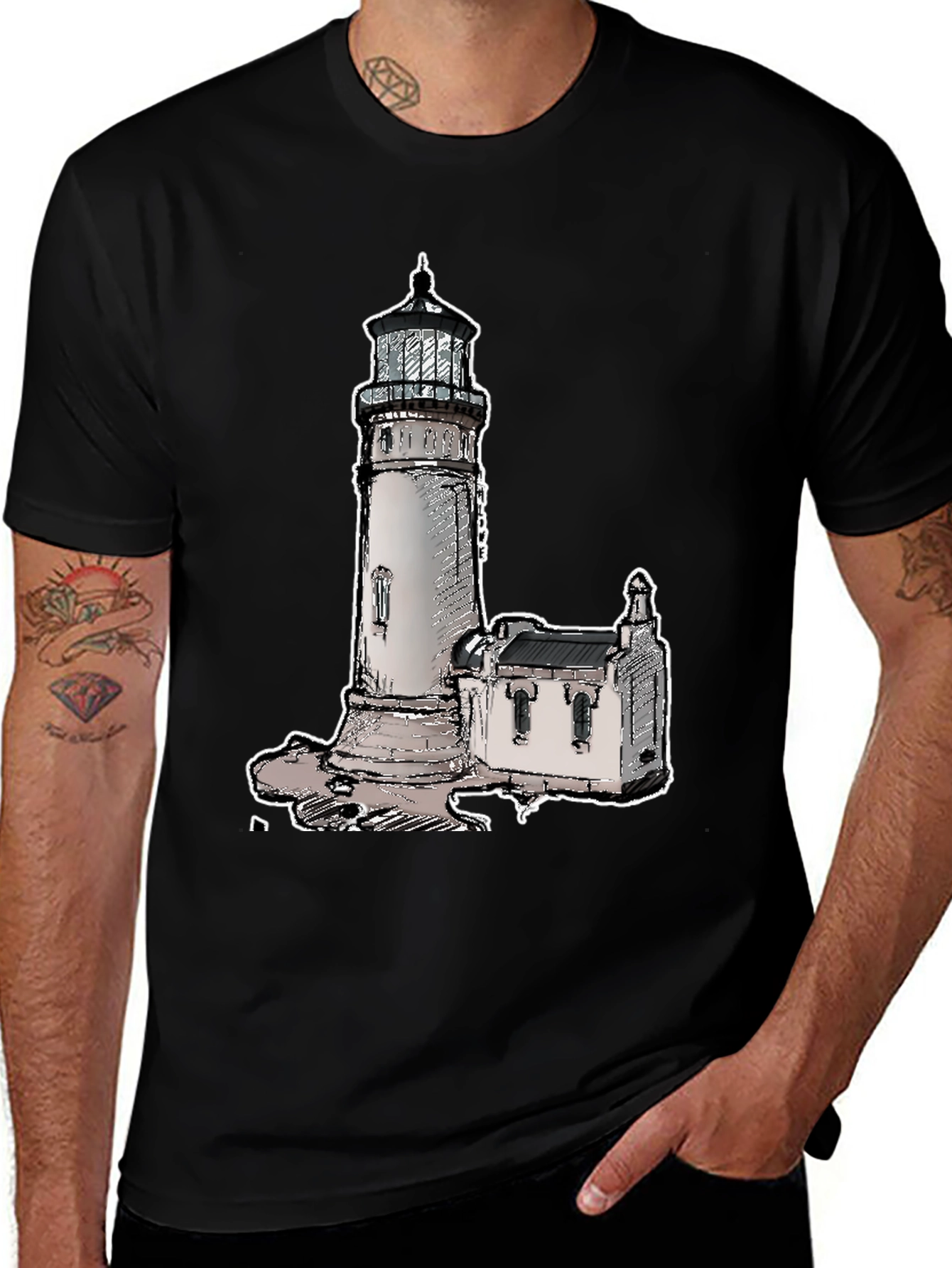 Camiseta Negra con Diseño de Faro Clásico