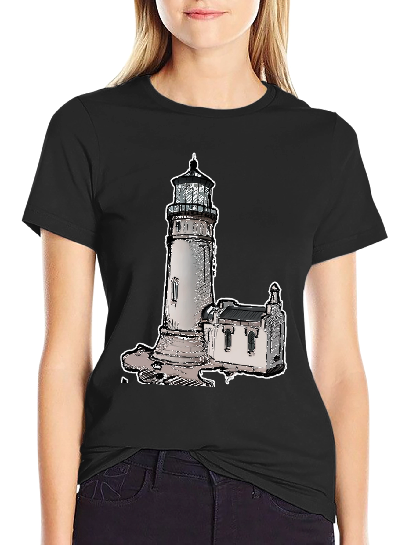 Camiseta Negra con Diseño de Faro Clásico