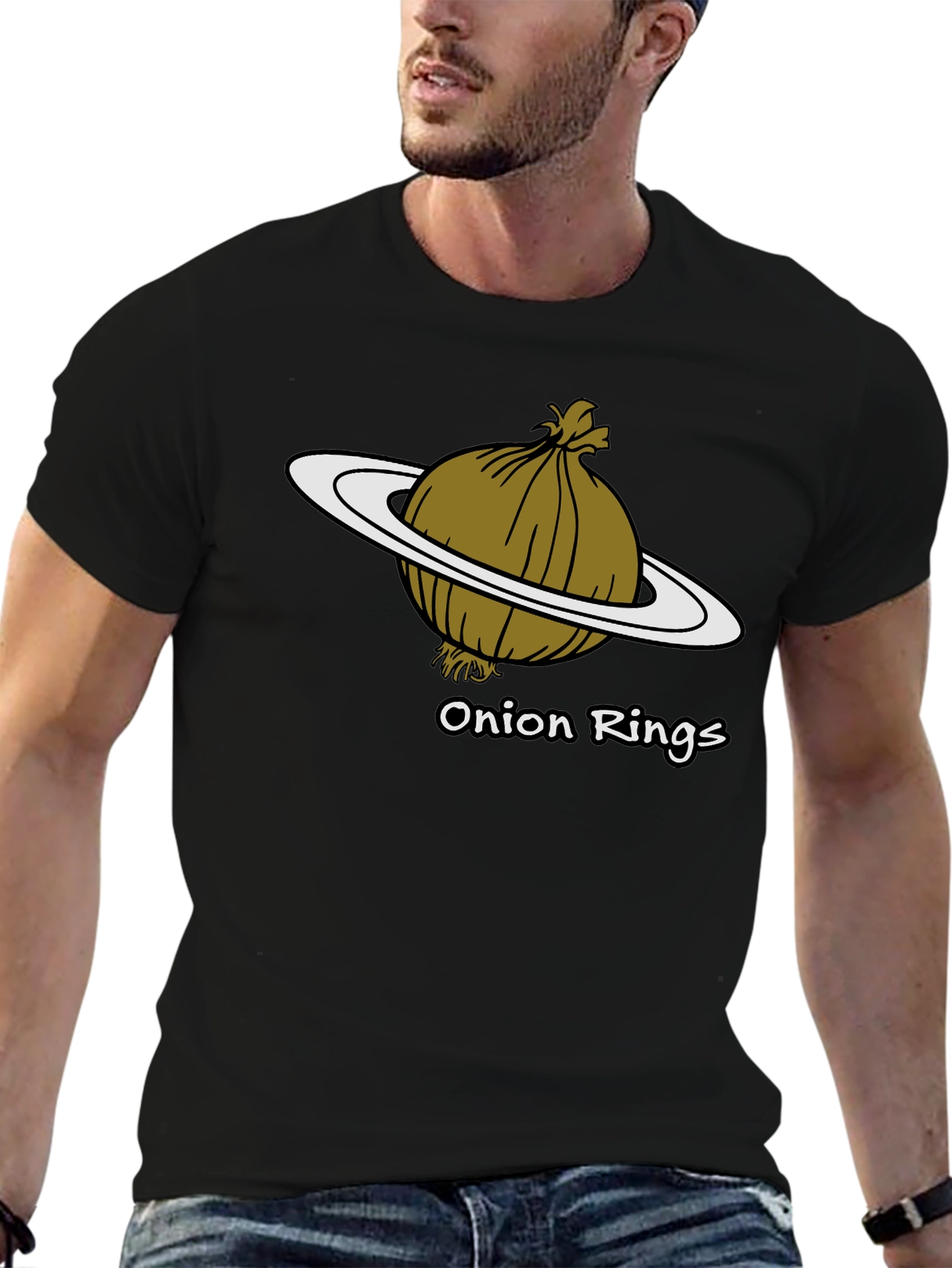 Camiseta Negra Anillos de Cebolla Humor Espacial