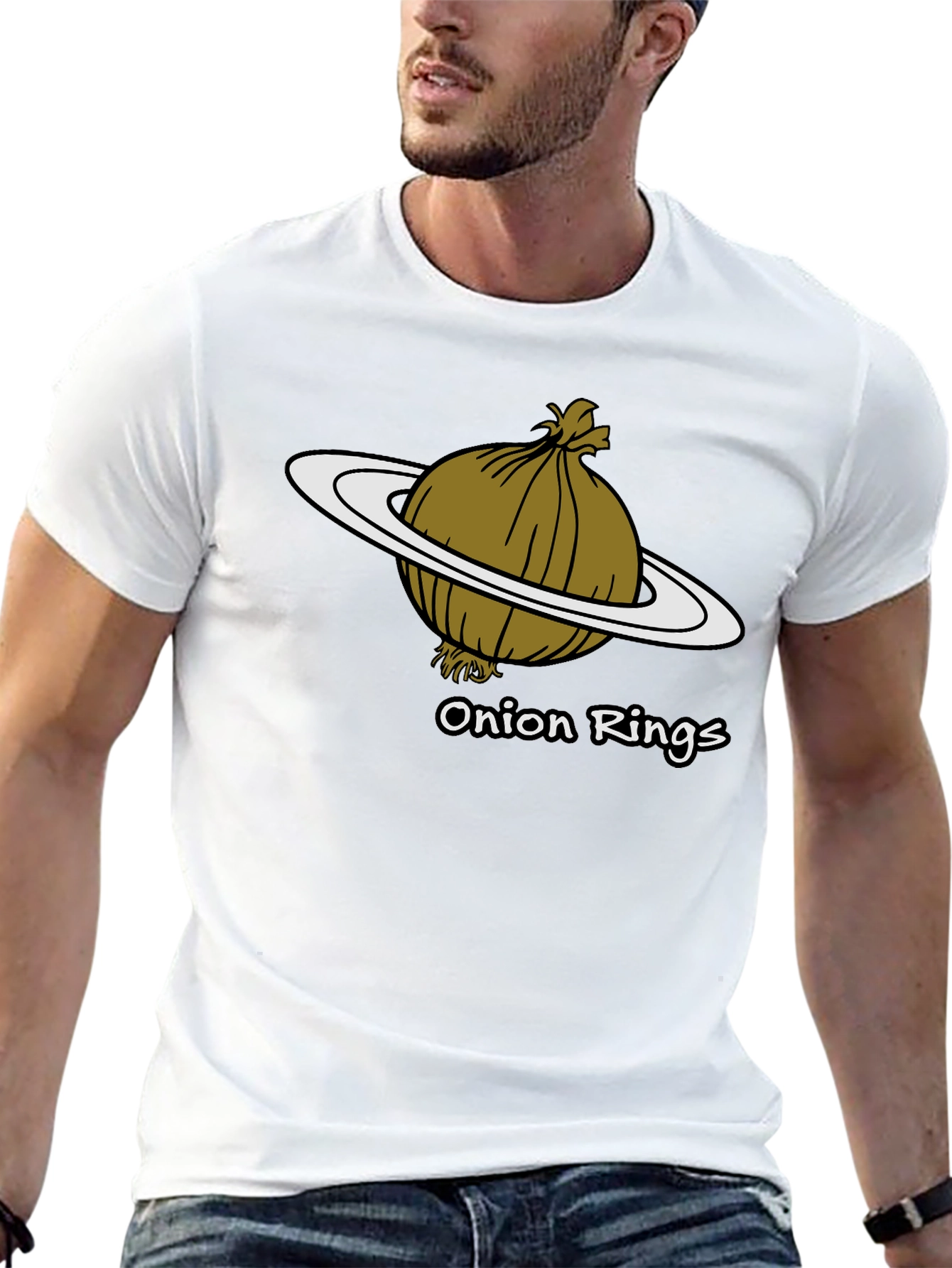 Camiseta Negra Anillos de Cebolla Humor Espacial