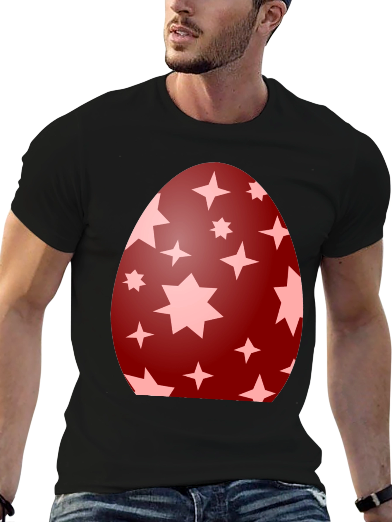 Camiseta Negra con Diseño de Huevo de Pascua Estrellado