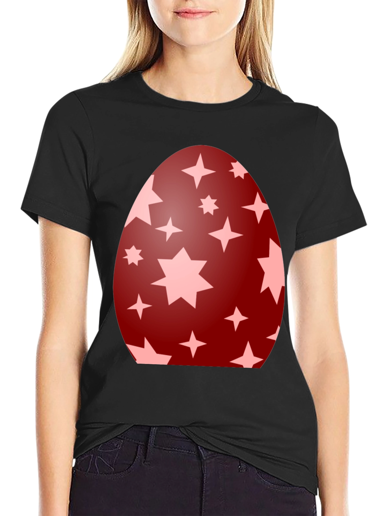 Camiseta Negra con Diseño de Huevo de Pascua Estrellado