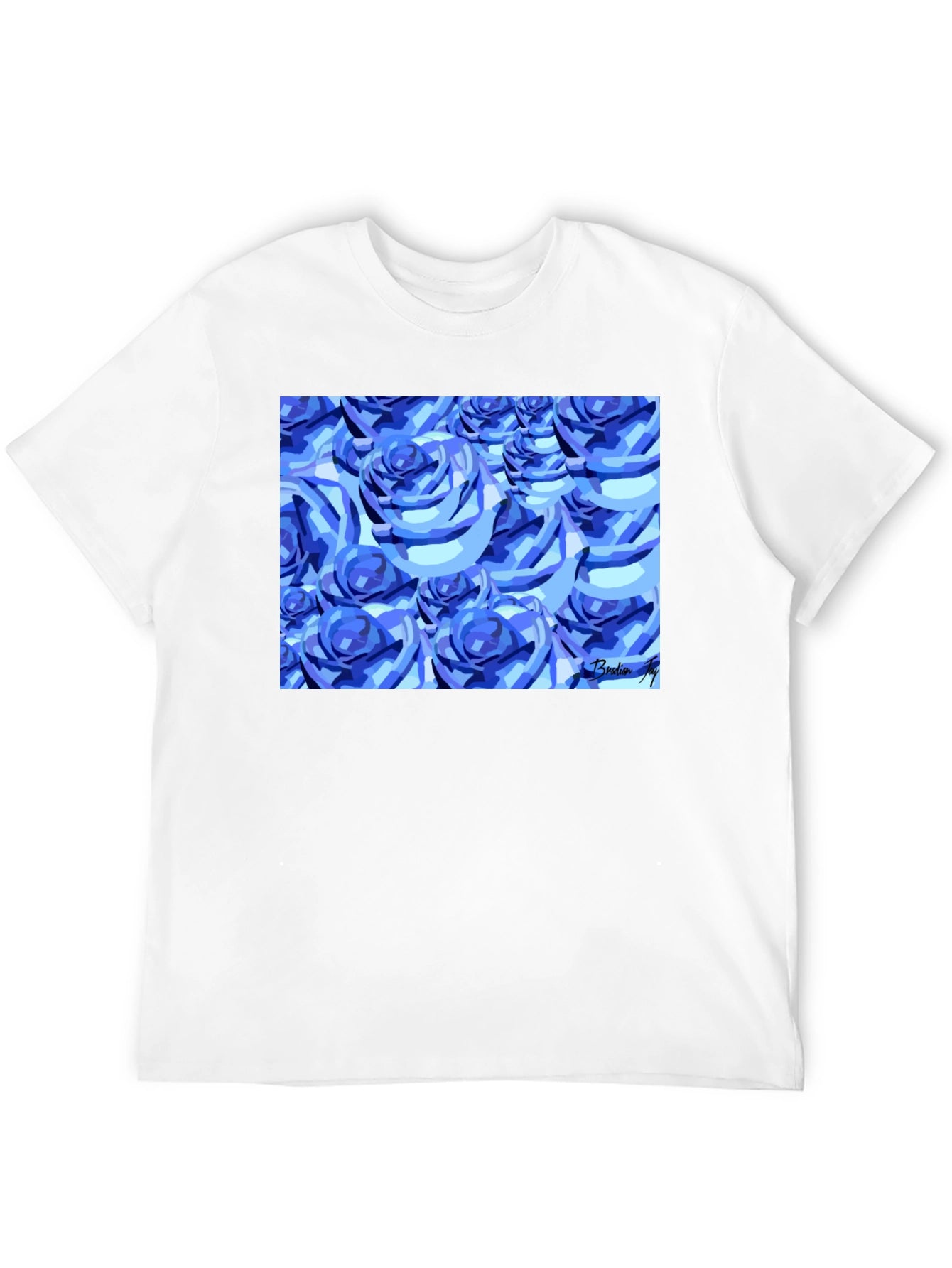 Camiseta Negra con Diseño de Rosas Azules Abstractas