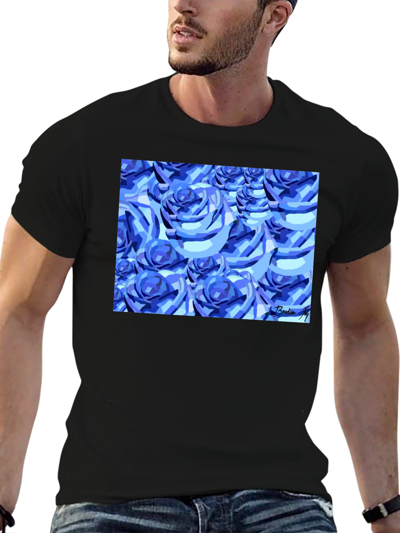 Camiseta Negra con Diseño de Rosas Azules Abstractas