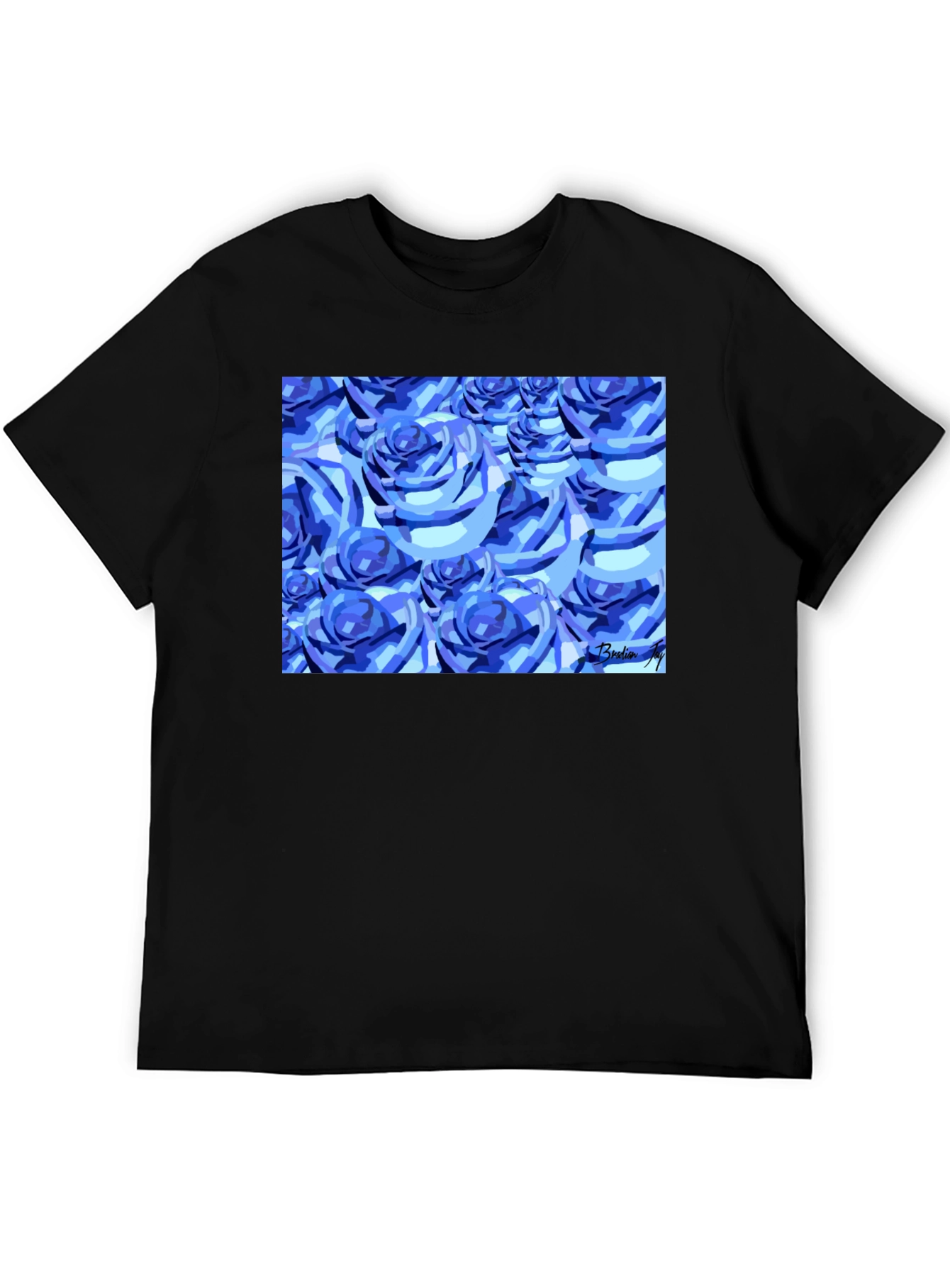 Camiseta Negra con Diseño de Rosas Azules Abstractas