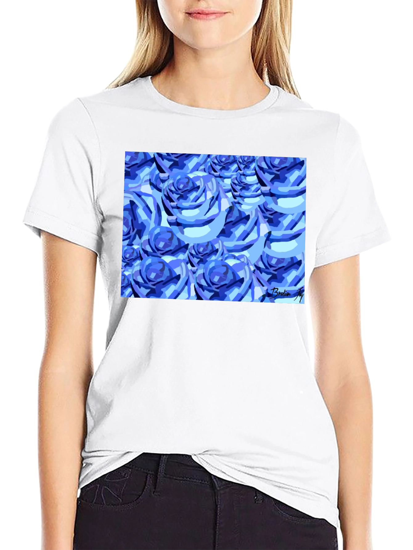 Camiseta Negra con Diseño de Rosas Azules Abstractas