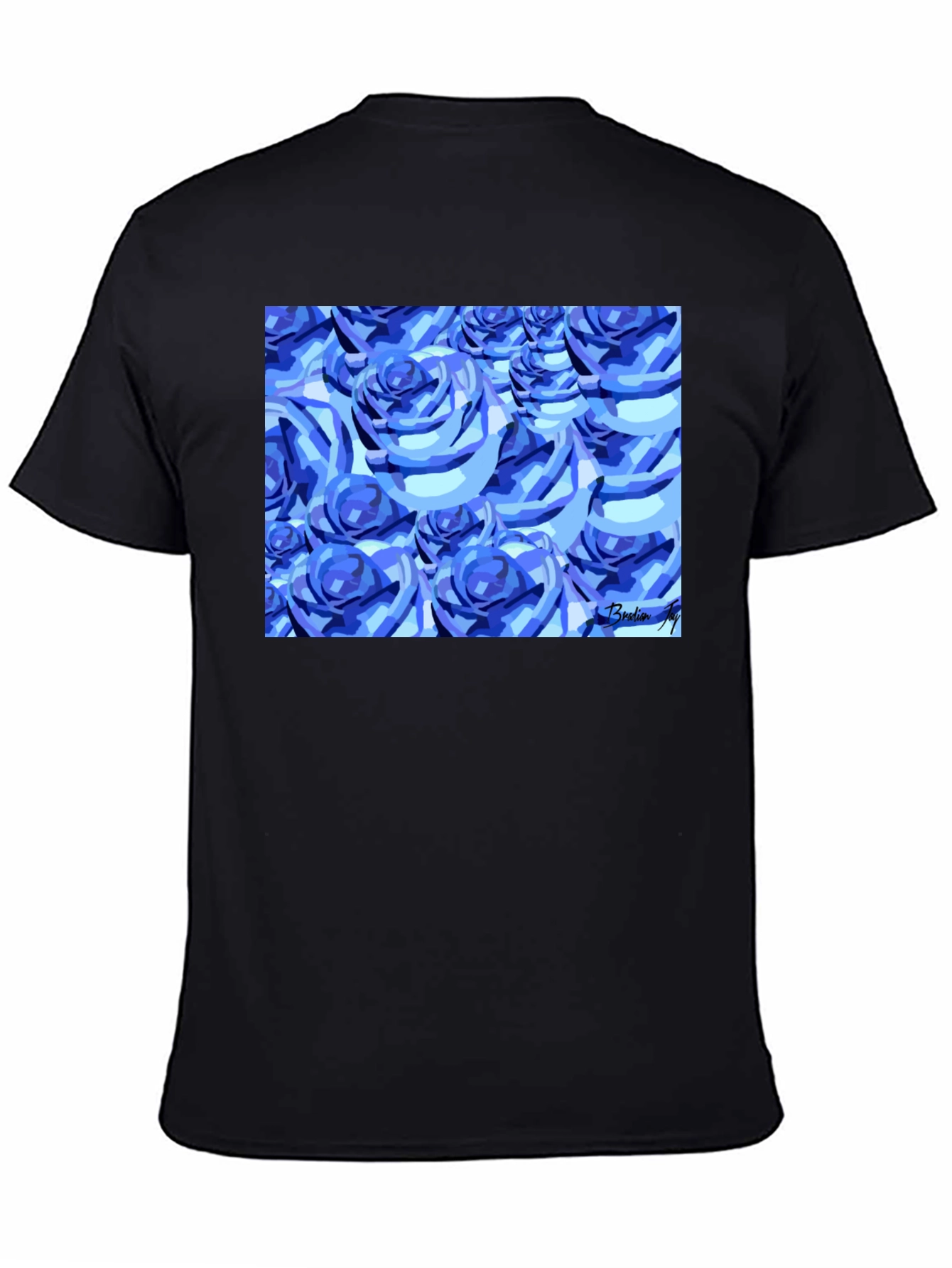 Camiseta Negra con Diseño de Rosas Azules Abstractas