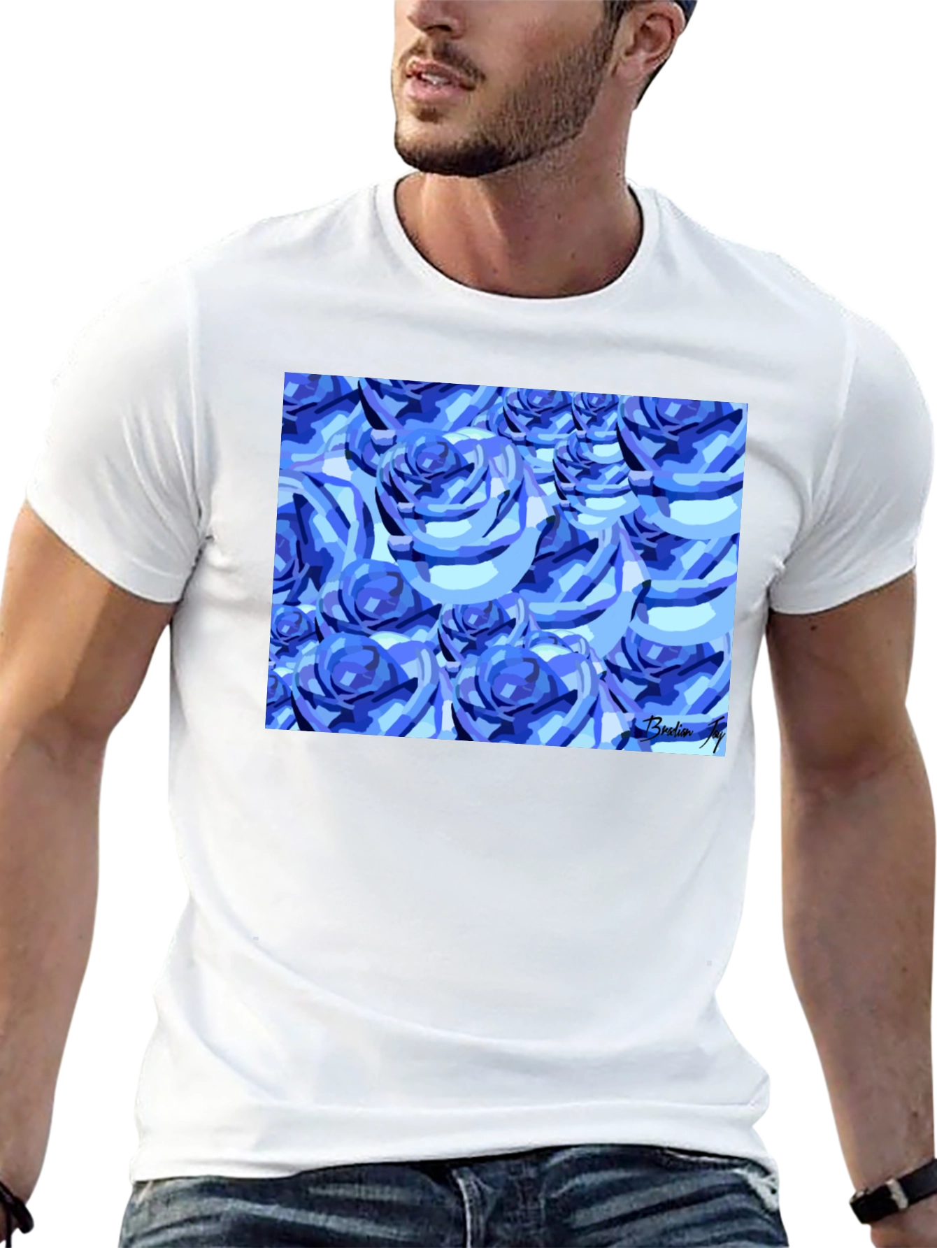 Camiseta Negra con Diseño de Rosas Azules Abstractas