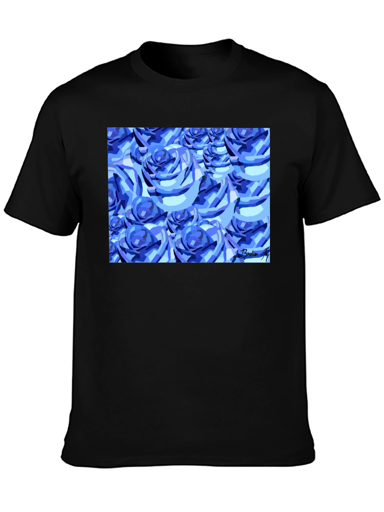 Camiseta Negra con Diseño de Rosas Azules Abstractas
